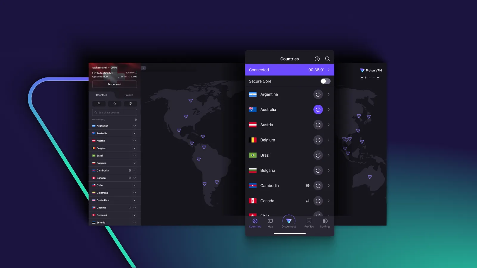 Application Proton VPN affichant la sélection des pays
