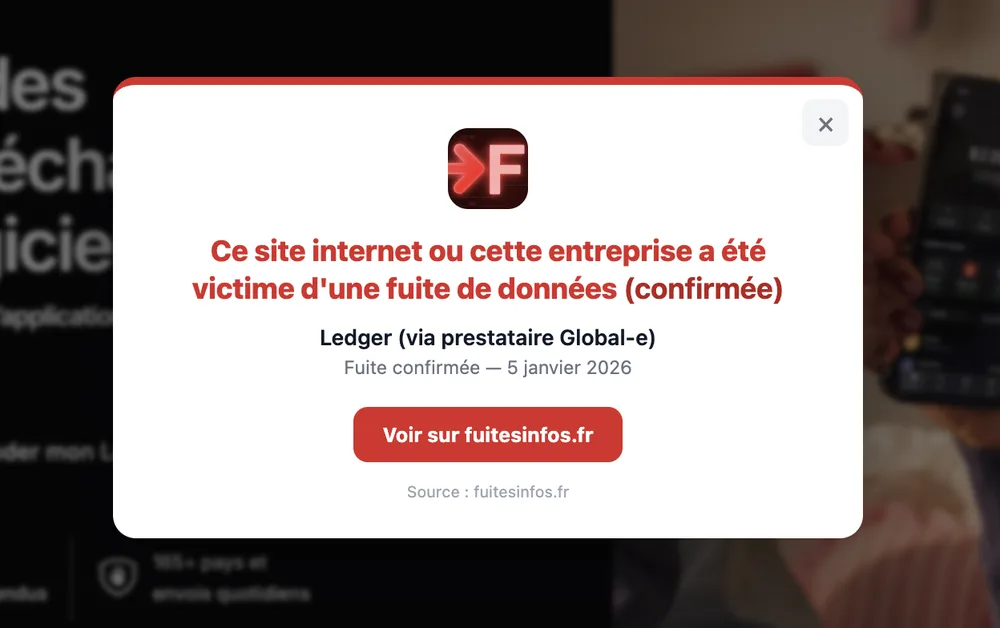 Aperçu de l'alerte affichée par l'extension sur un site concerné