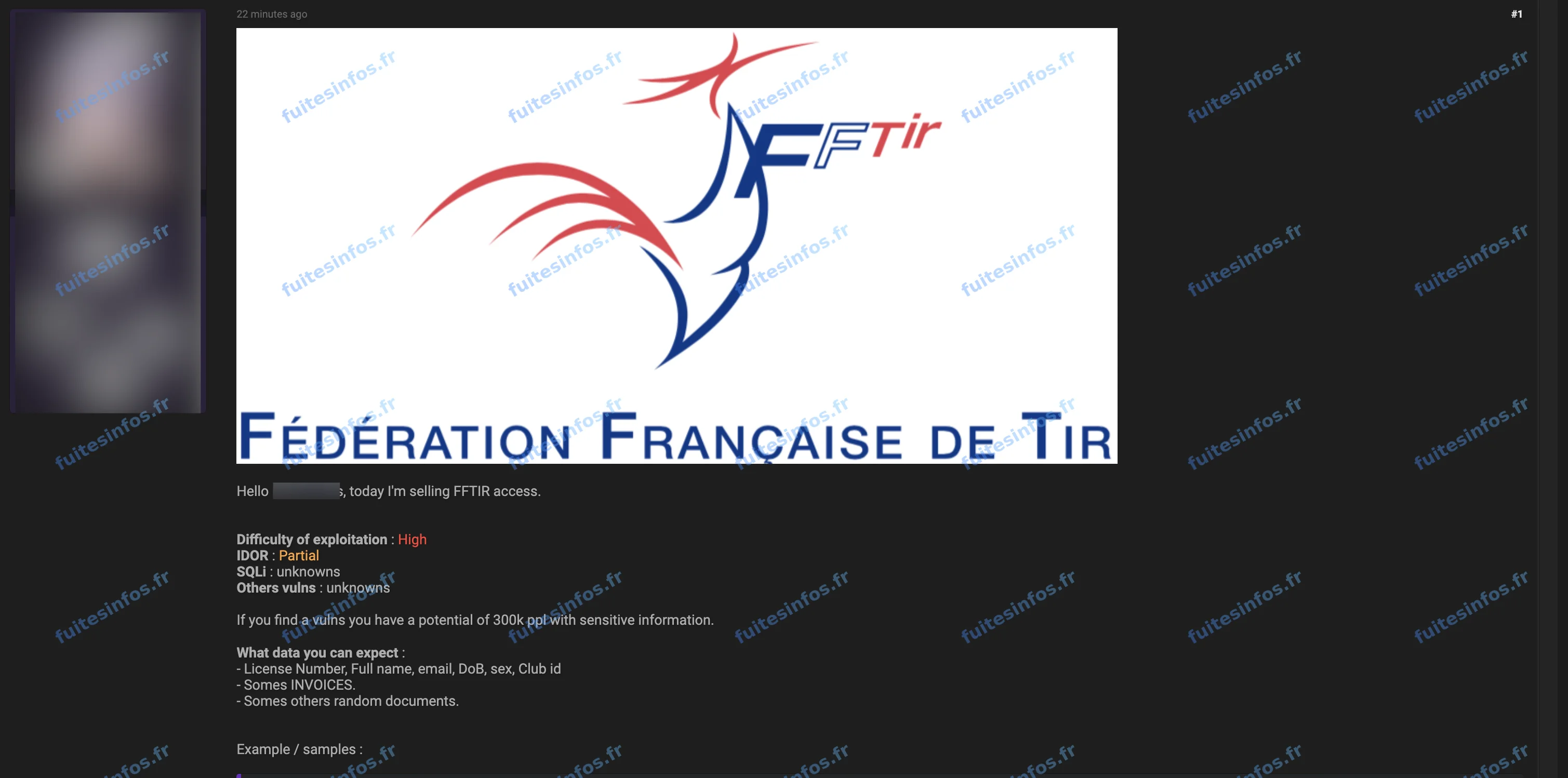 Capture filigranée et anonymisée de l’annonce proposant un accès aux données de la FFTir