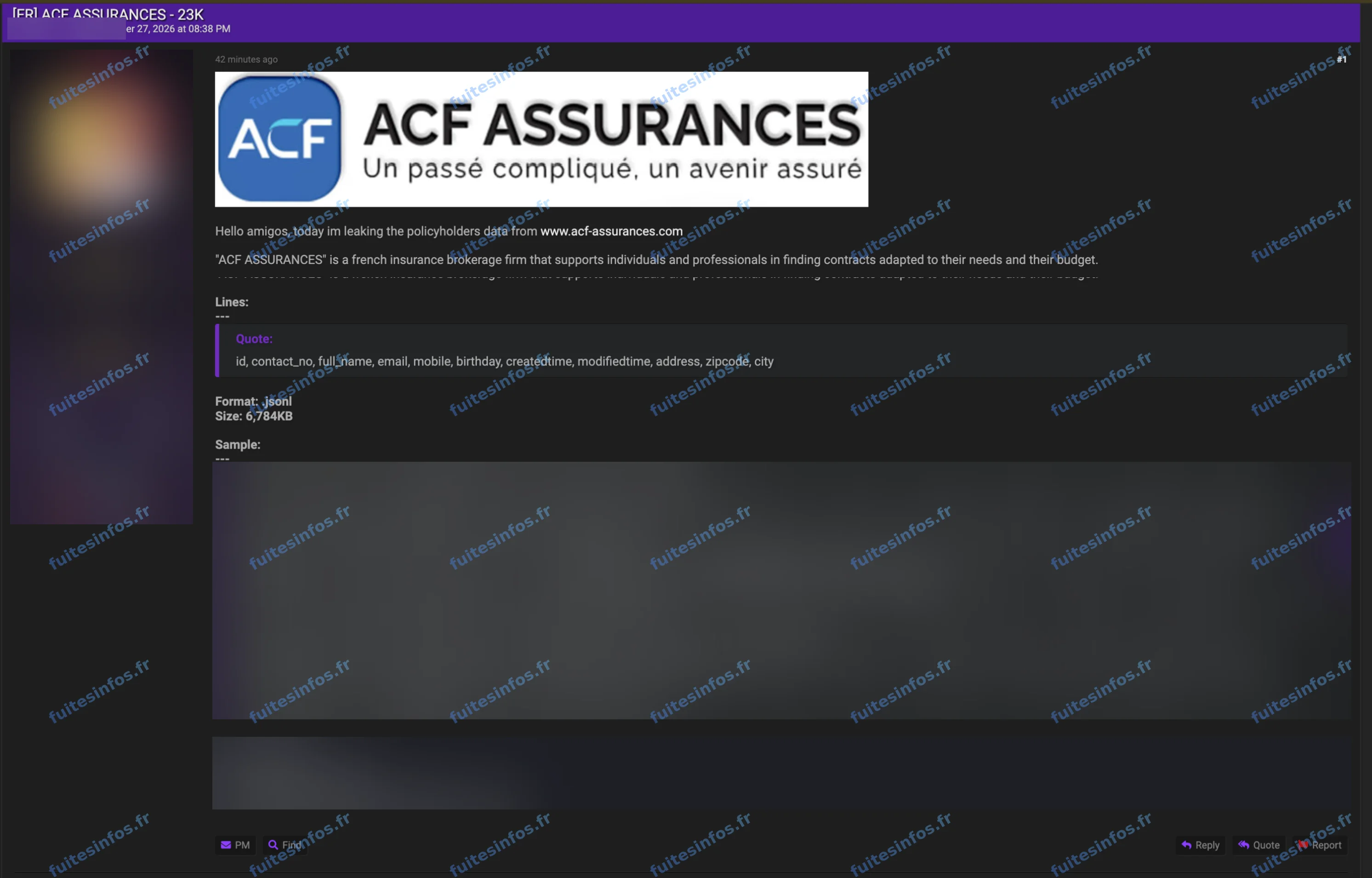 Capture filigranée et masquée de la revendication visant ACF Assurances