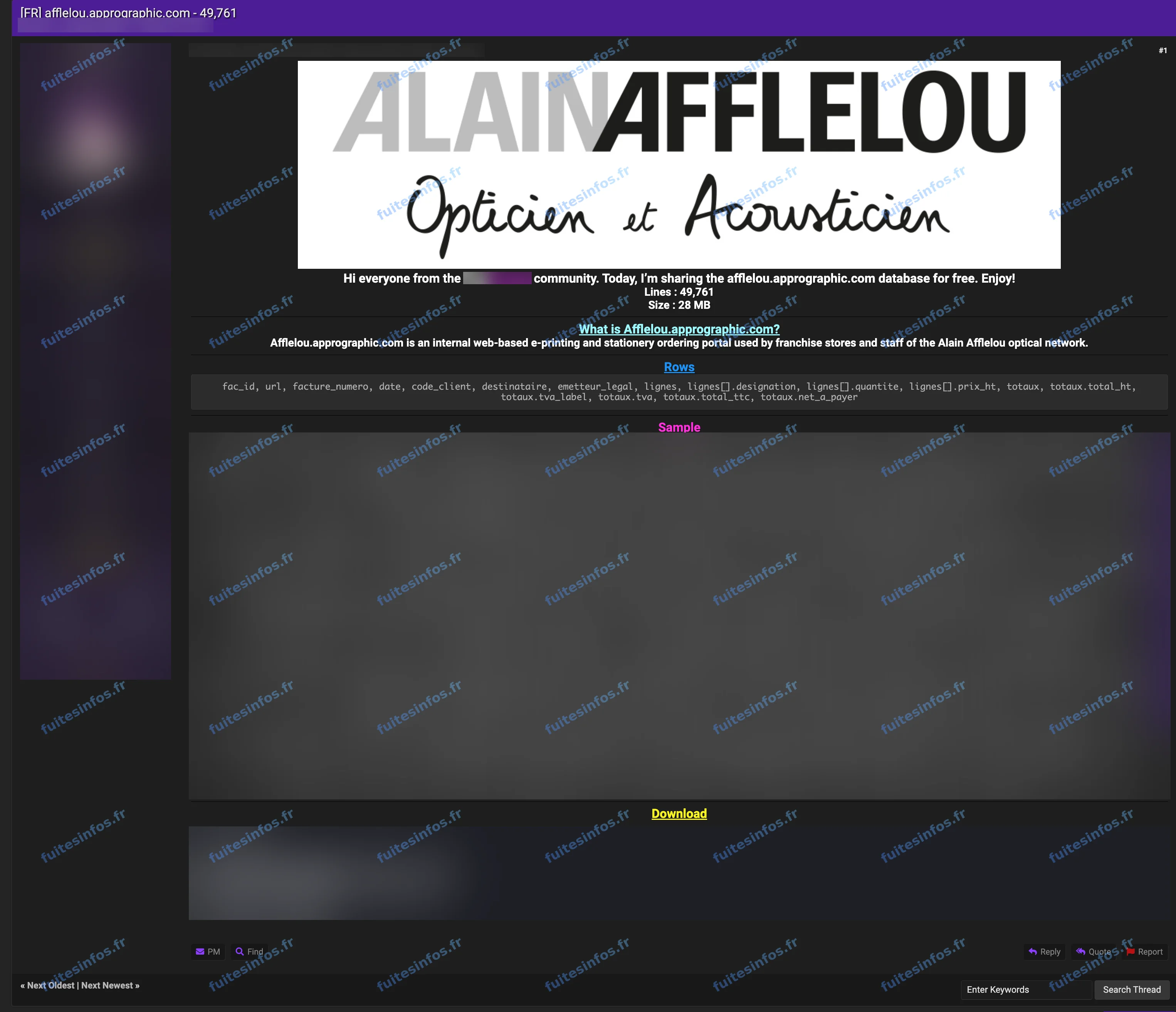 Capture filigranée et masquée de la publication du fichier Alain Afflelou sur un forum cybercriminel