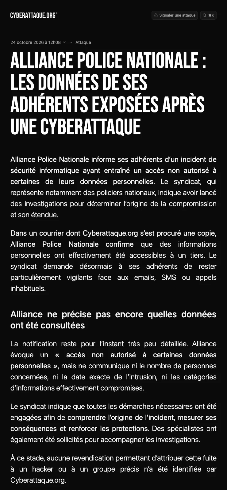 Capture de l'article de Cyberattaque.org rapportant le courrier d'Alliance Police Nationale à ses adhérents