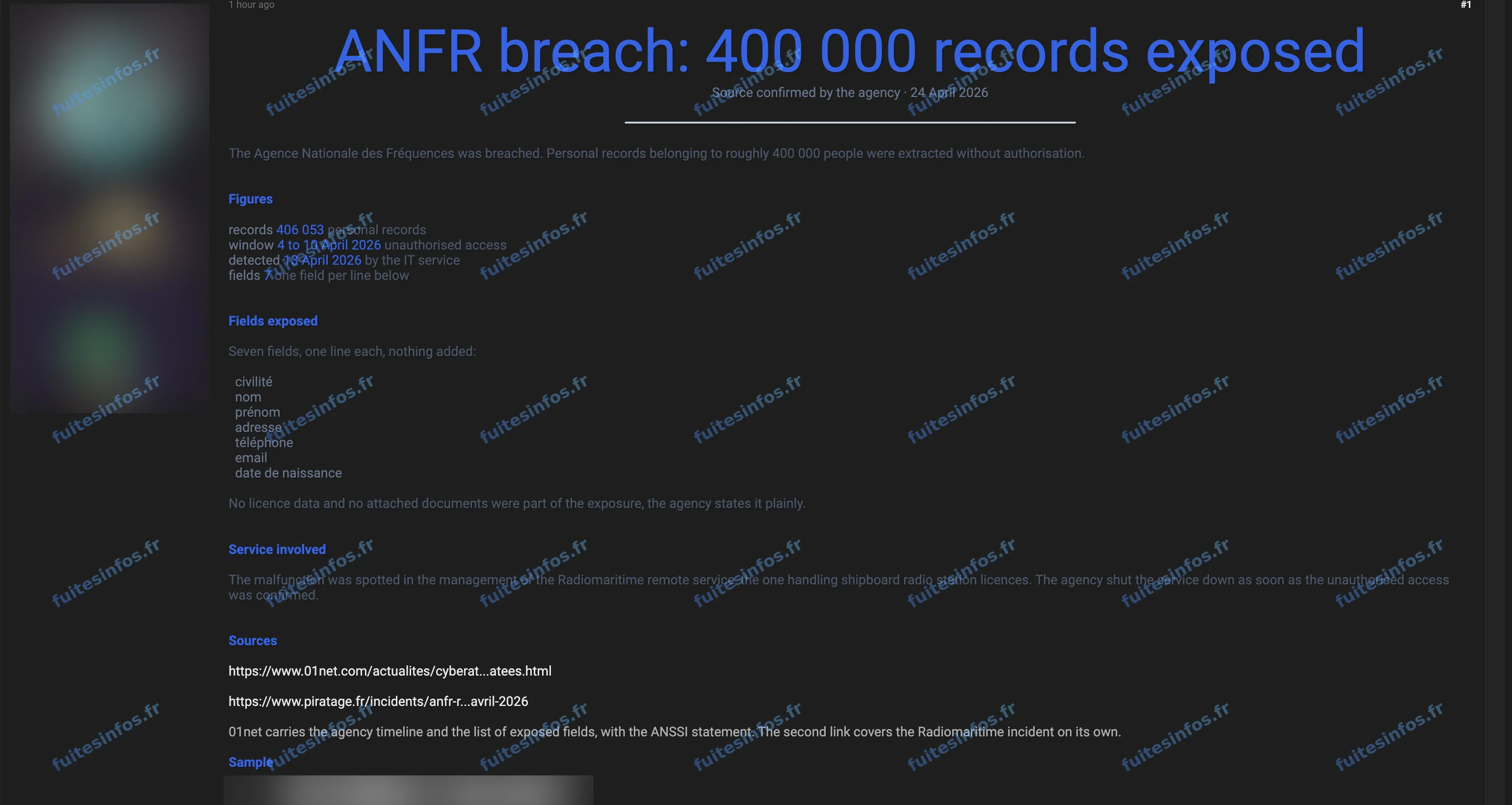 Capture filigranée et masquée de la revendication publiée le 5 octobre 2026 sur un forum cybercriminel