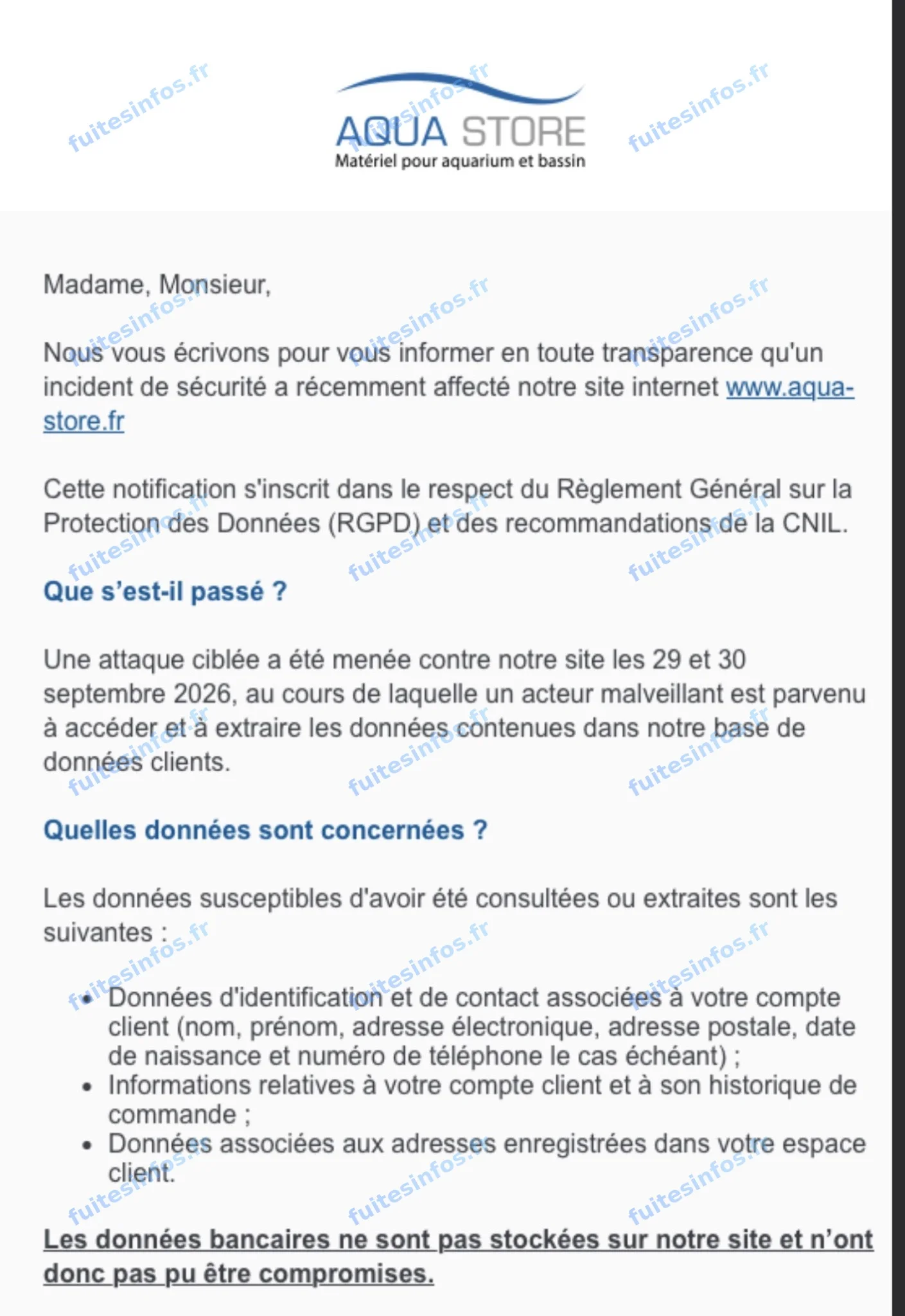 Capture filigranée du courriel de notification adressé par Aqua Store à ses clients