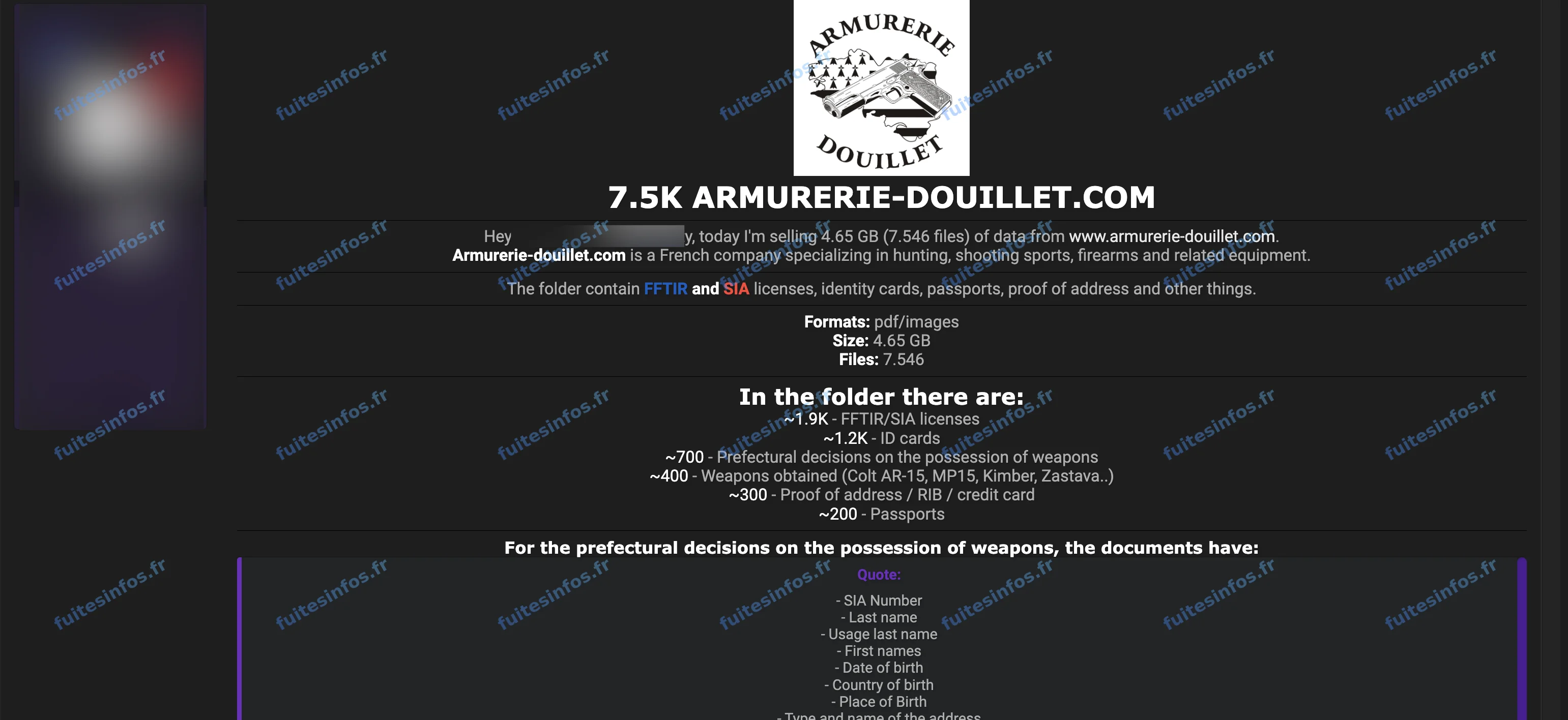 Capture filigranée et masquée de l'annonce de vente visant Armurerie Douillet