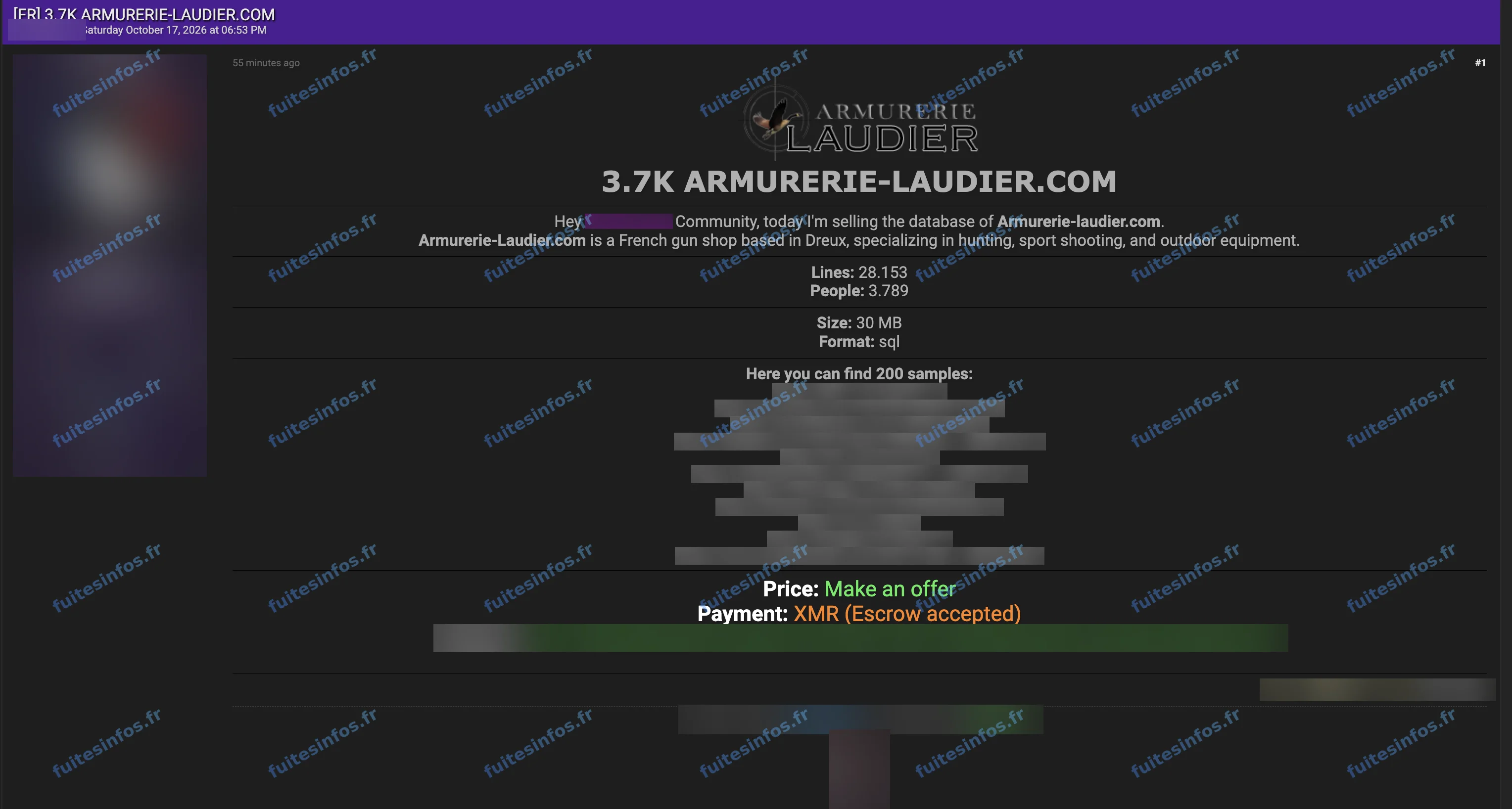 Capture filigranée et masquée de l'annonce de mise en vente des données d'Armurerie Laudier