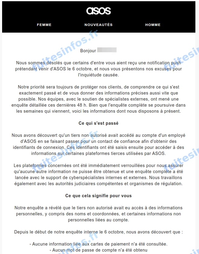 Capture filigranée et masquée du courriel de notification adressé par ASOS à ses clients