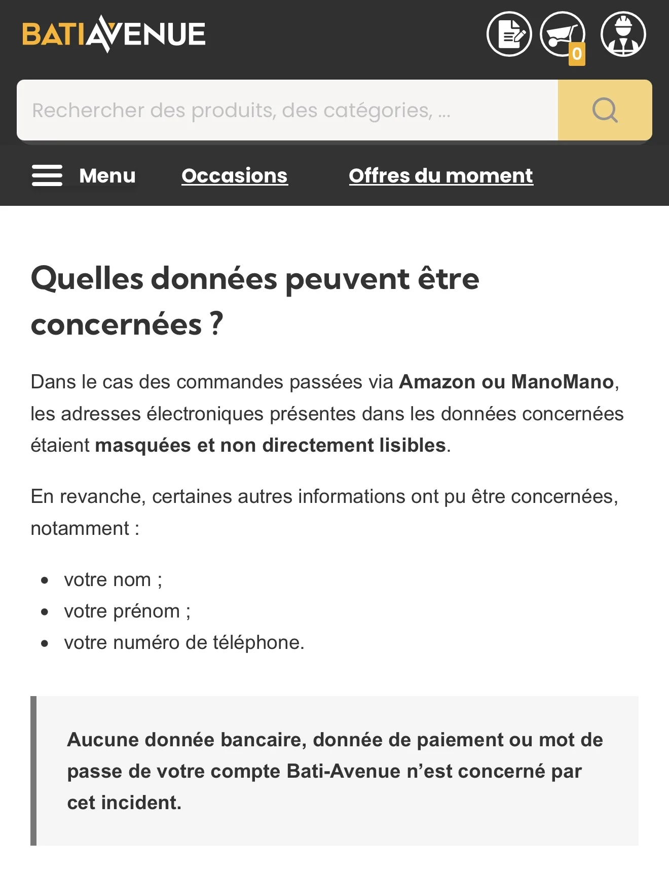 Capture de la page d'information publiée par Bati-Avenue sur les données concernées