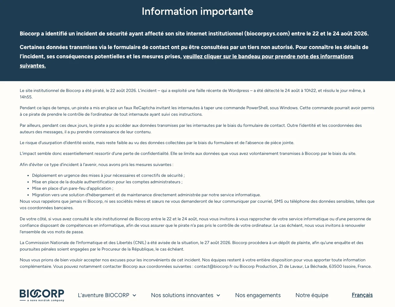 Capture de l'avis d'incident publié par Biocorp sur son site institutionnel