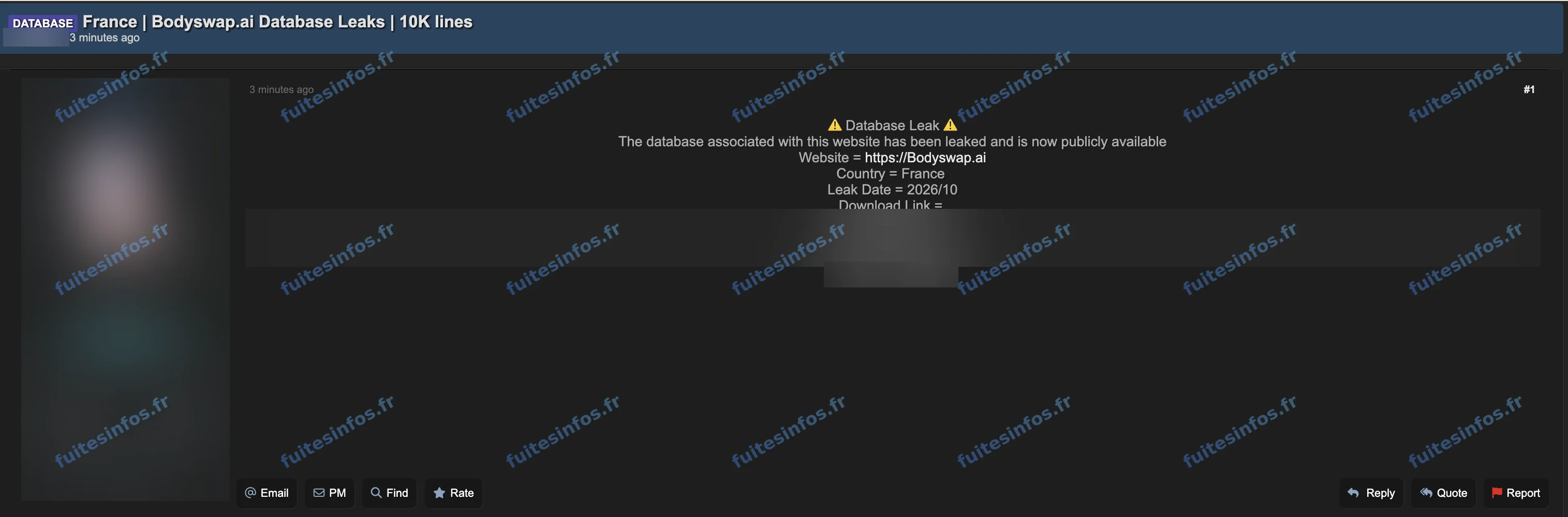 Capture filigranée et masquée de la publication visant BodySwap sur un forum cybercriminel