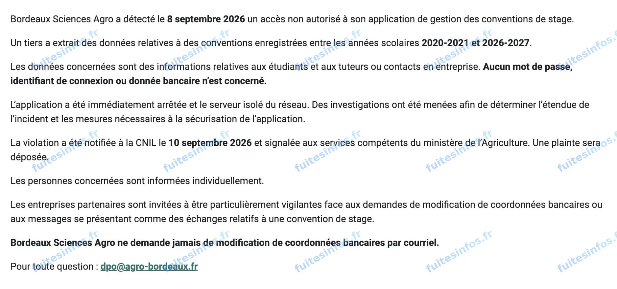 Capture filigranée du communiqué de Bordeaux Sciences Agro sur l'incident de sécurité