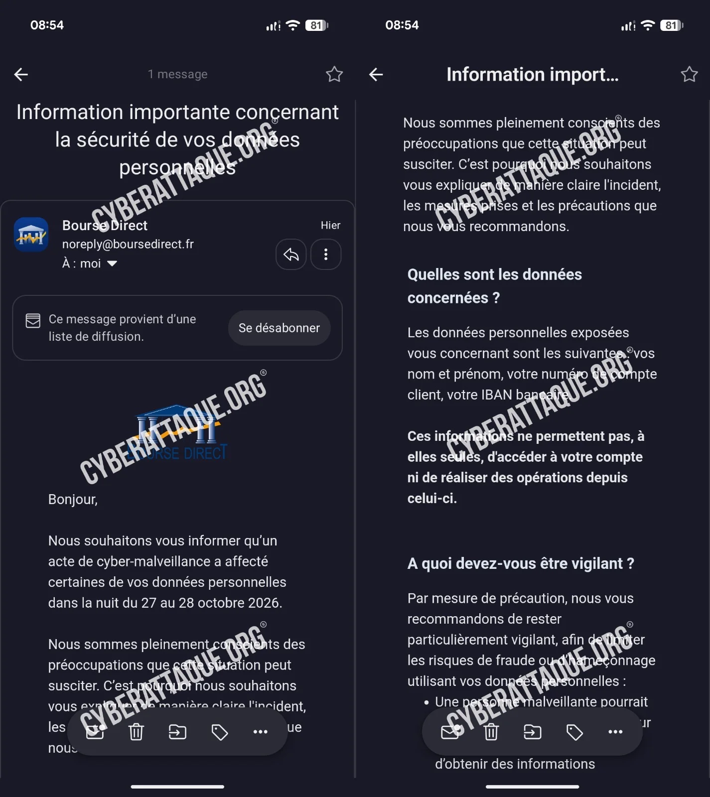 Capture de l'e-mail de notification adressé par Bourse Direct à ses clients concernés