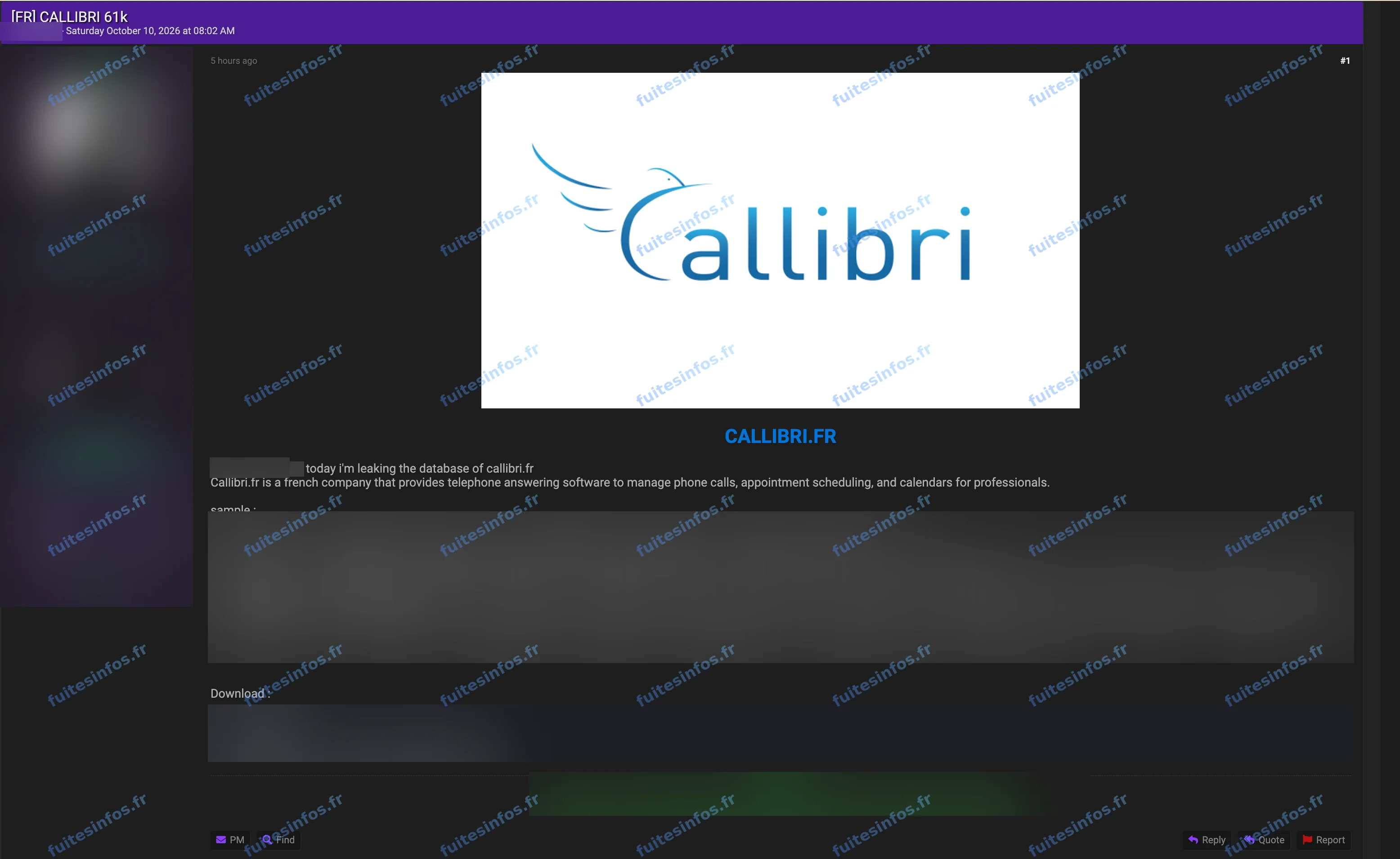 Capture filigranée et masquée de l'annonce de diffusion d'une base présentée comme celle de Callibri