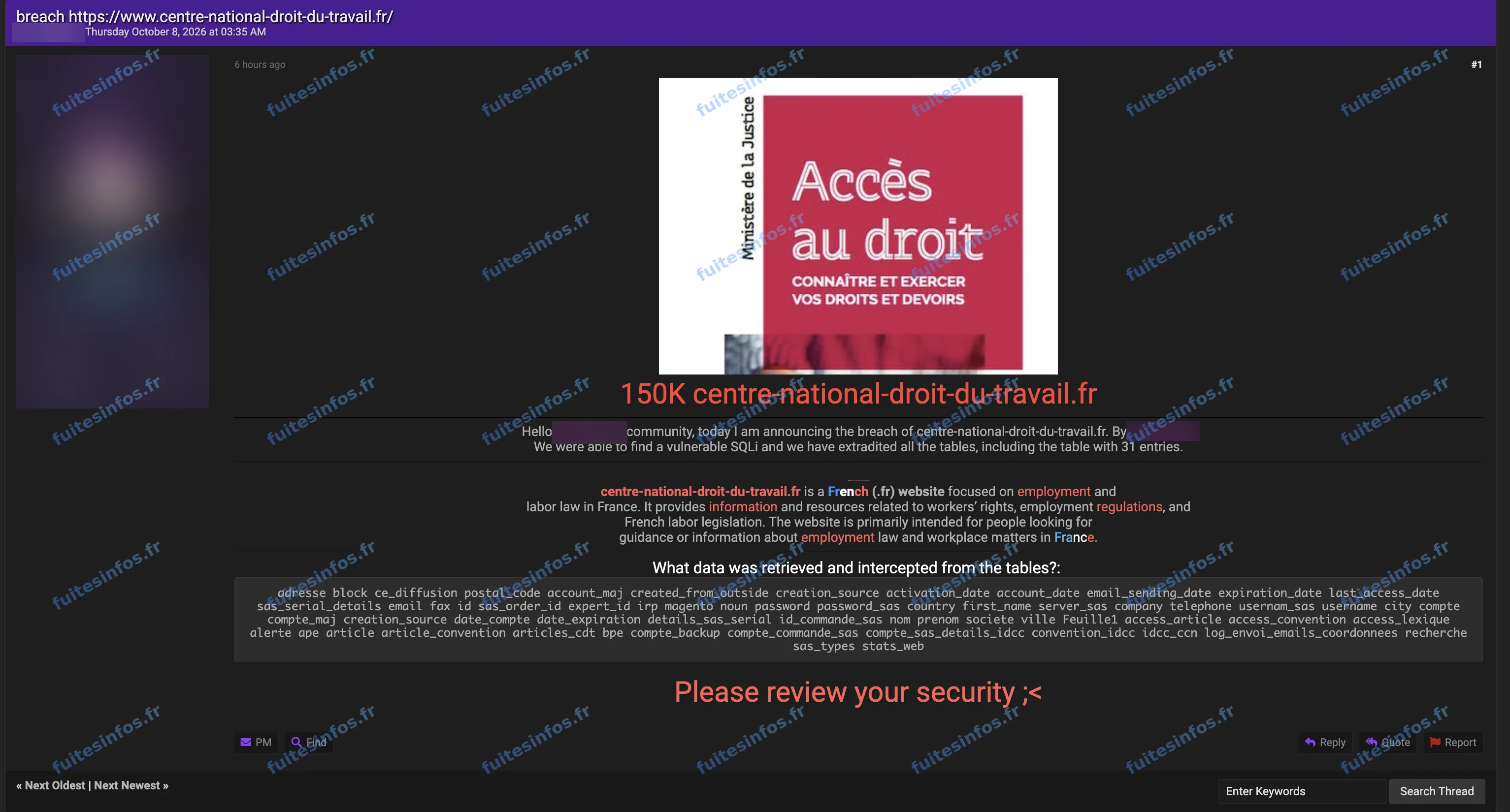 Capture filigranée et masquée de la revendication visant le Centre National du Droit du Travail