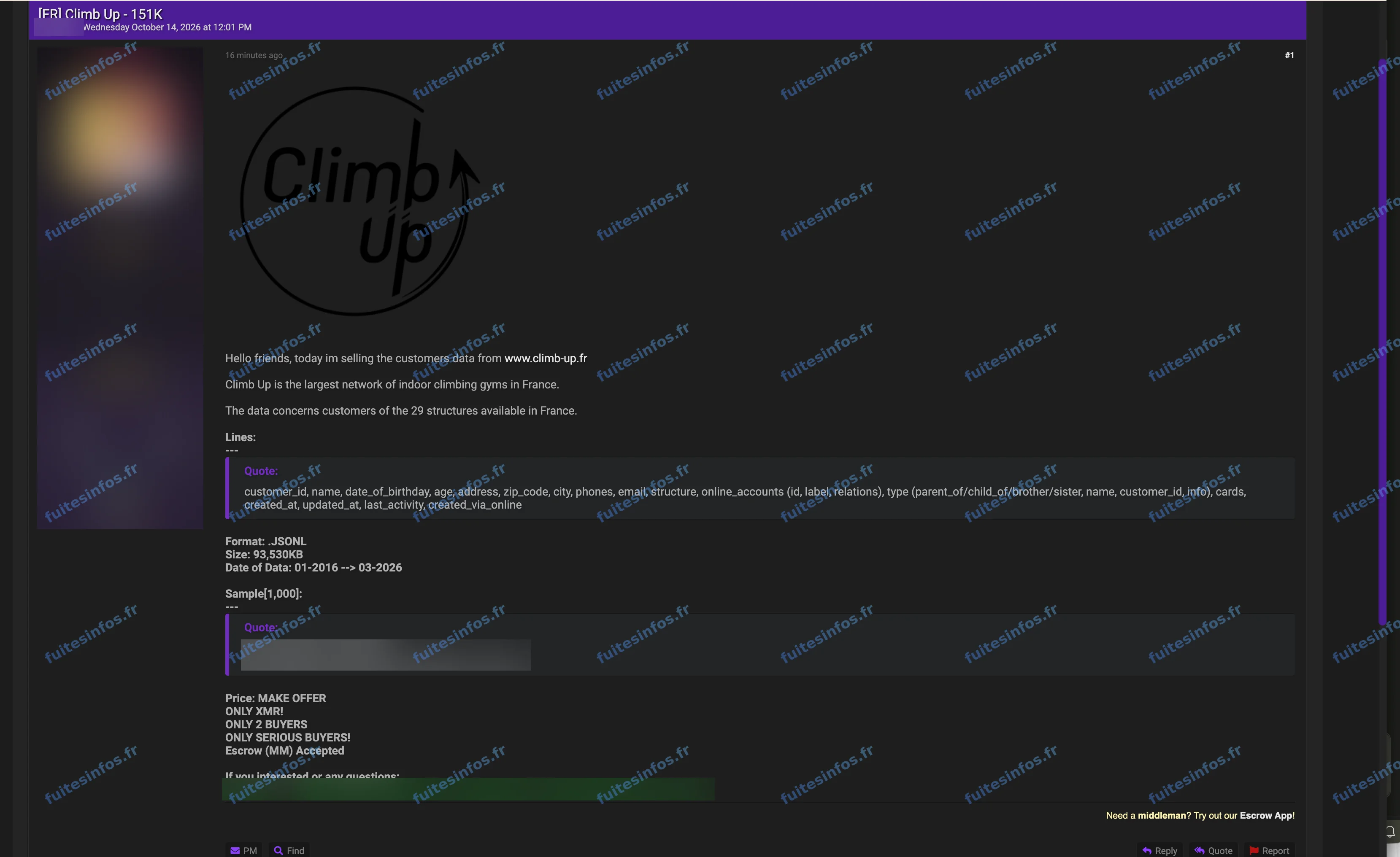 Capture filigranée et masquée de l'annonce visant Climb Up sur un forum cybercriminel
