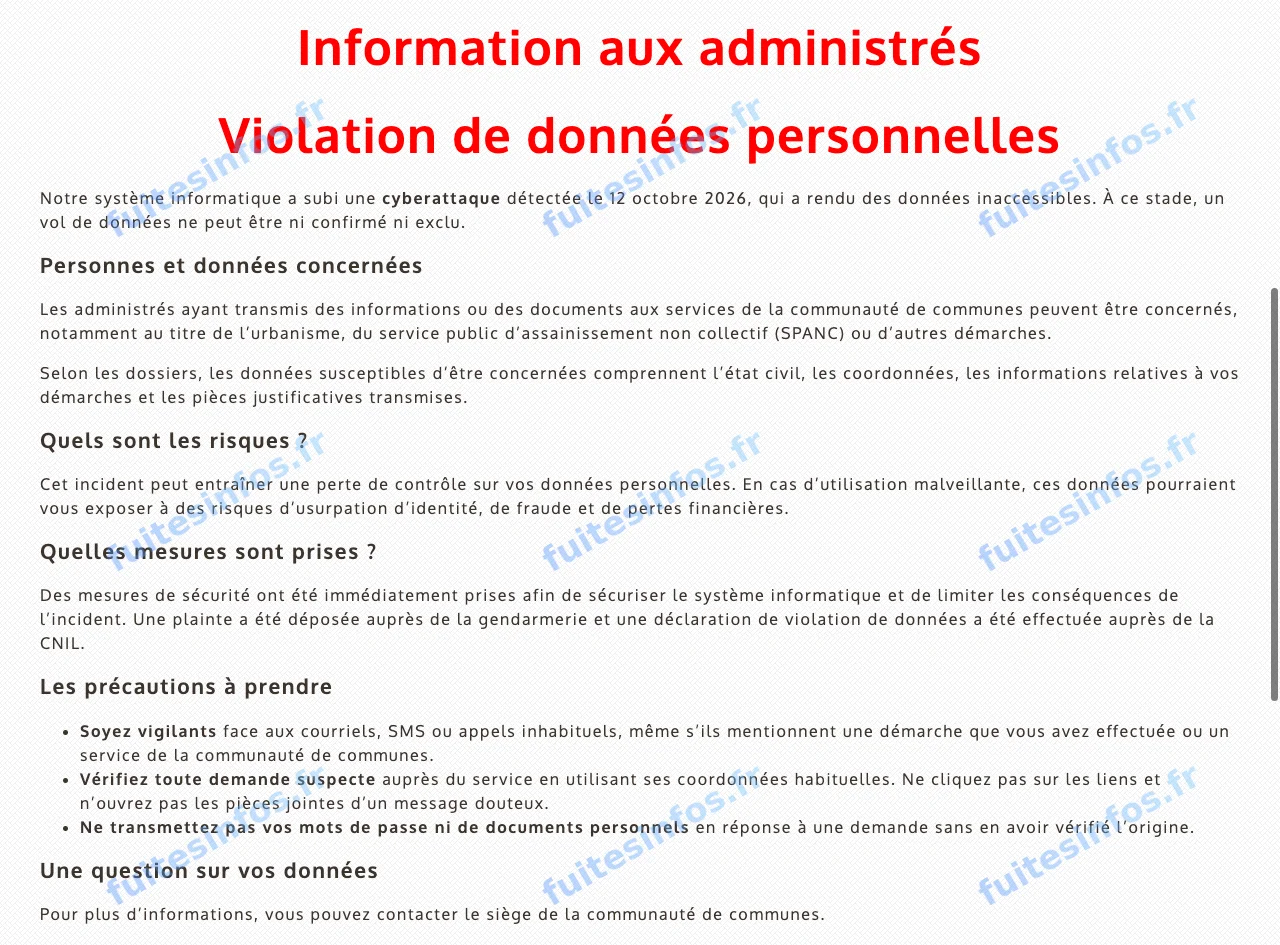 Capture filigranée de l'annonce publiée par la Communauté de communes des Portes du Berry sur la page d'accueil de son site
