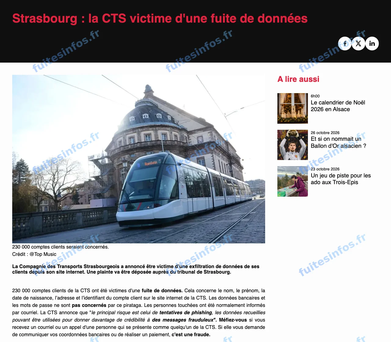 Capture filigranée de l'article de presse relayant l'annonce de la fuite de données de la CTS