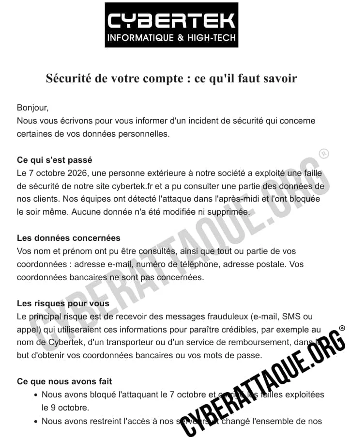 Capture du courriel de notification adressé par Cybertek à ses clients