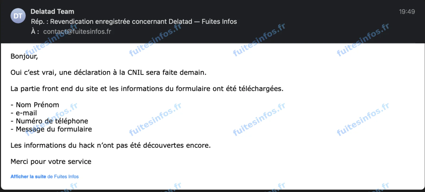 Capture filigranée de la réponse de Delatad