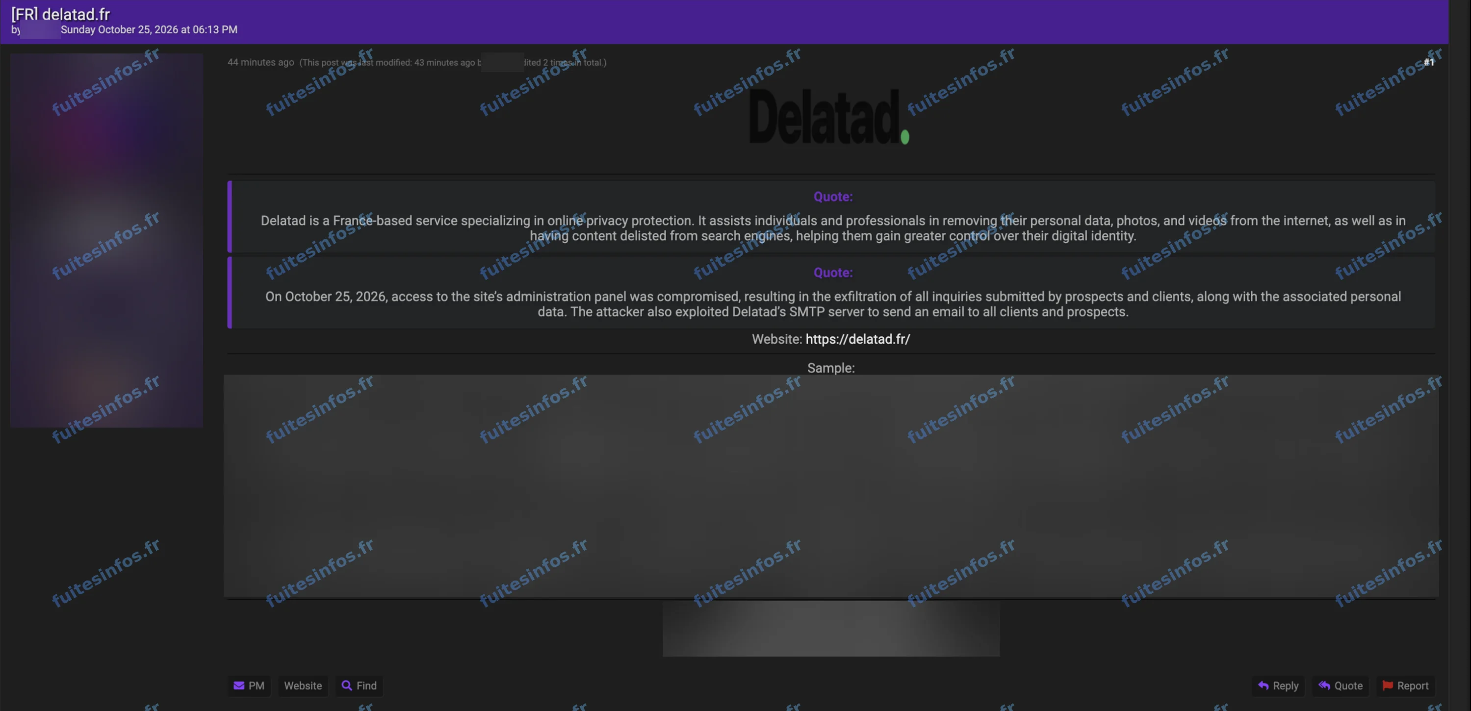 Capture filigranée et masquée du message visant Delatad