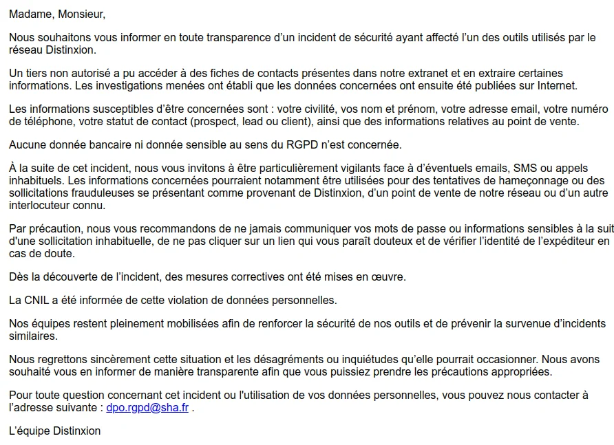 Capture du courriel de notification adressé par Distinxion aux personnes concernées, annonçant un incident de sécurité sur des fiches de contacts de son extranet