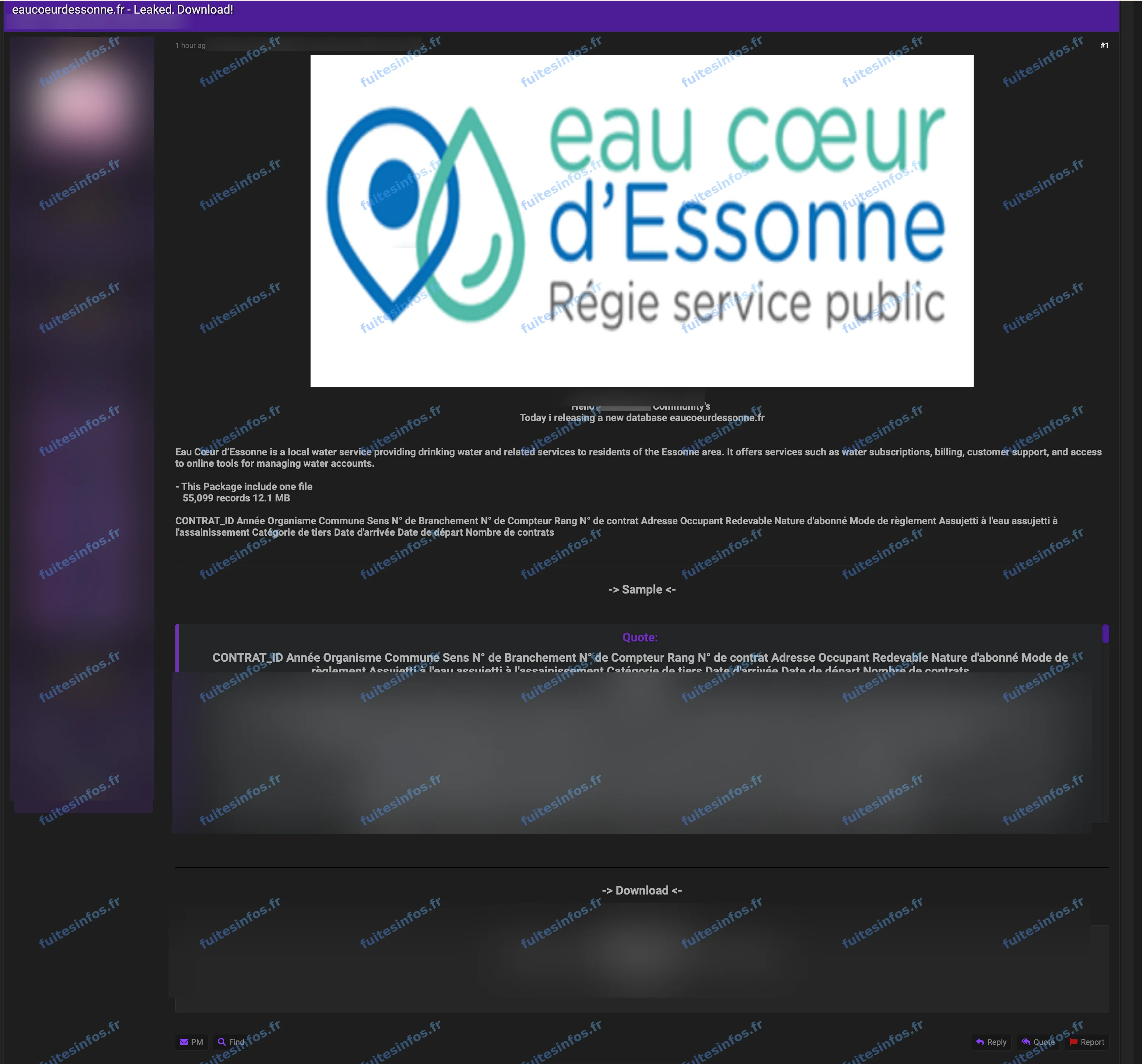 Capture filigranée et masquée de l'annonce visant Eau Cœur d'Essonne