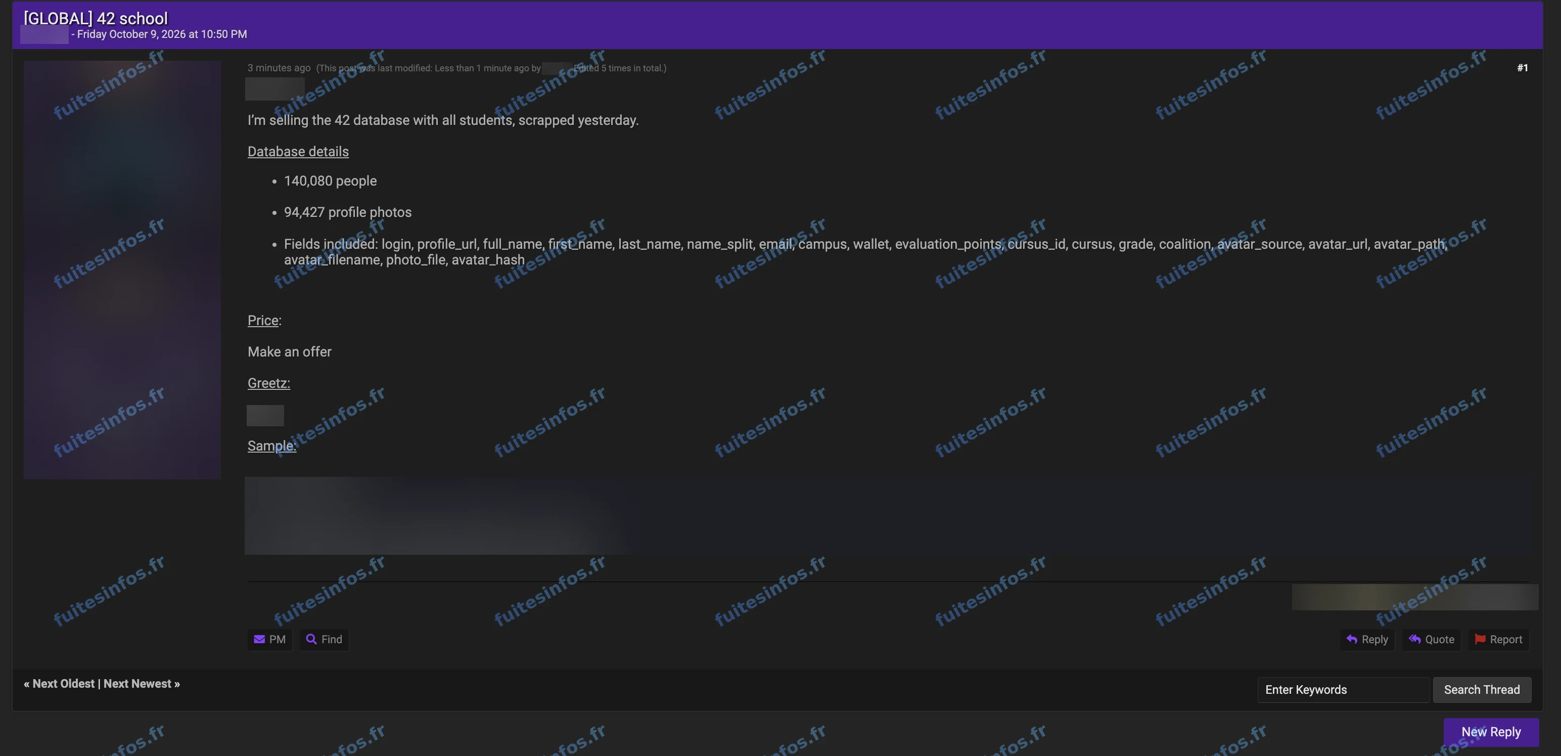 Capture filigranée et masquée de l'annonce de vente visant l'École 42 sur un forum cybercriminel