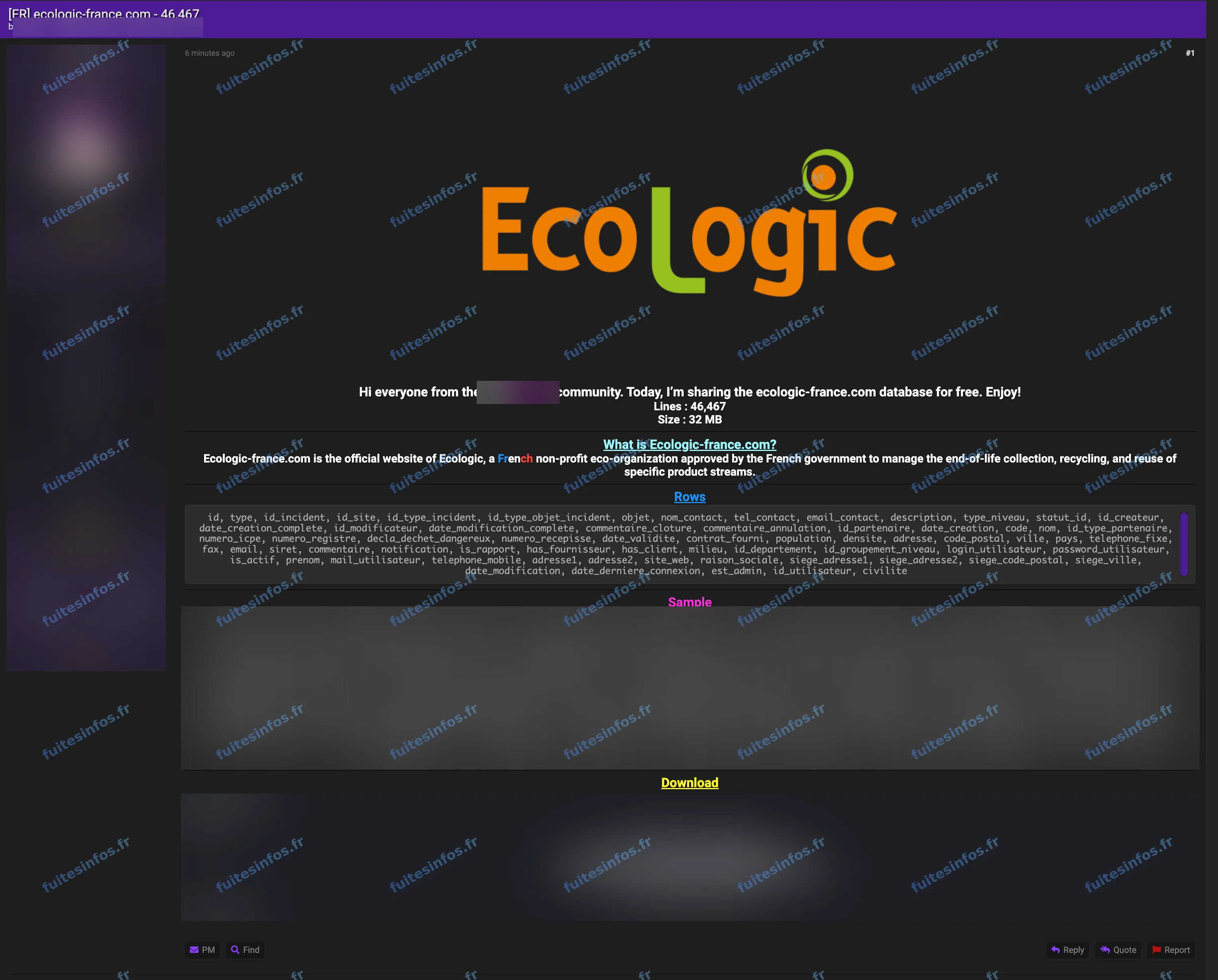 Capture filigranée et masquée de la publication visant Ecologic sur un forum cybercriminel