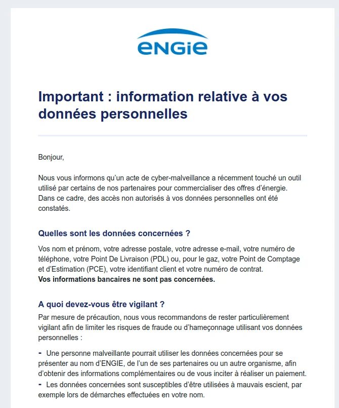 Capture de l'e-mail de notification adressé par ENGIE à des clients