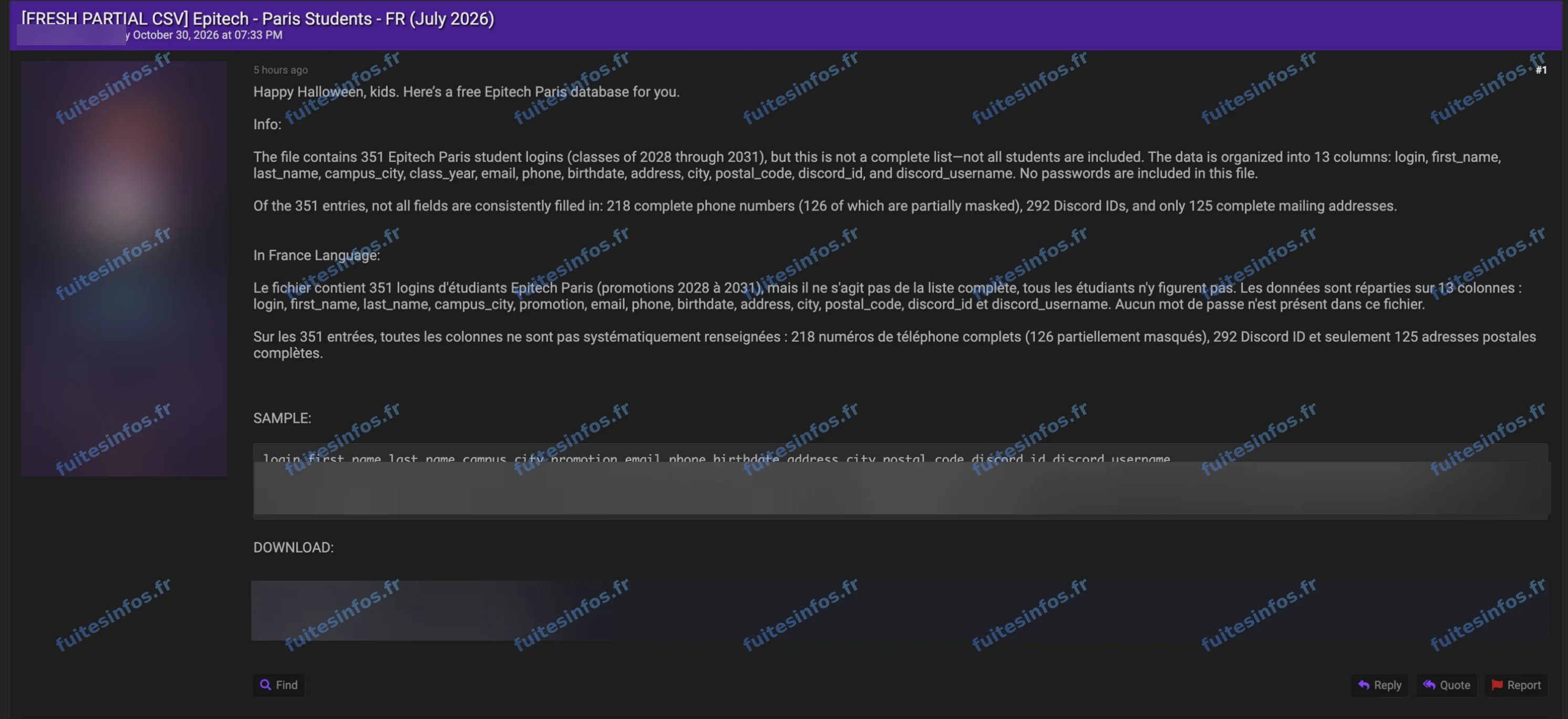Capture filigranée et masquée de l'annonce publiée sur un forum cybercriminel au sujet des étudiants d'Epitech Paris