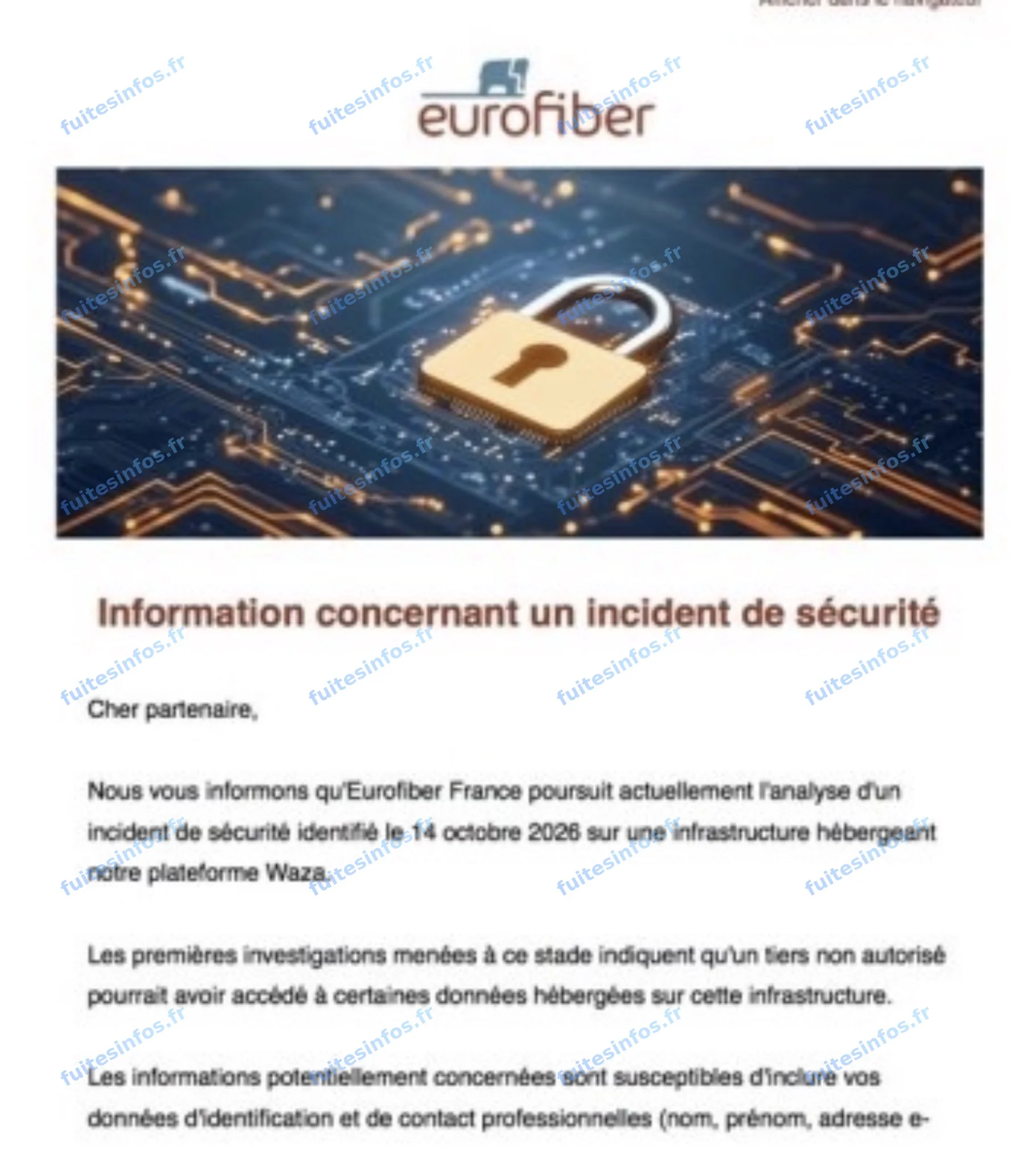 Capture filigranée du courriel d'information adressé par Eurofiber France à ses partenaires