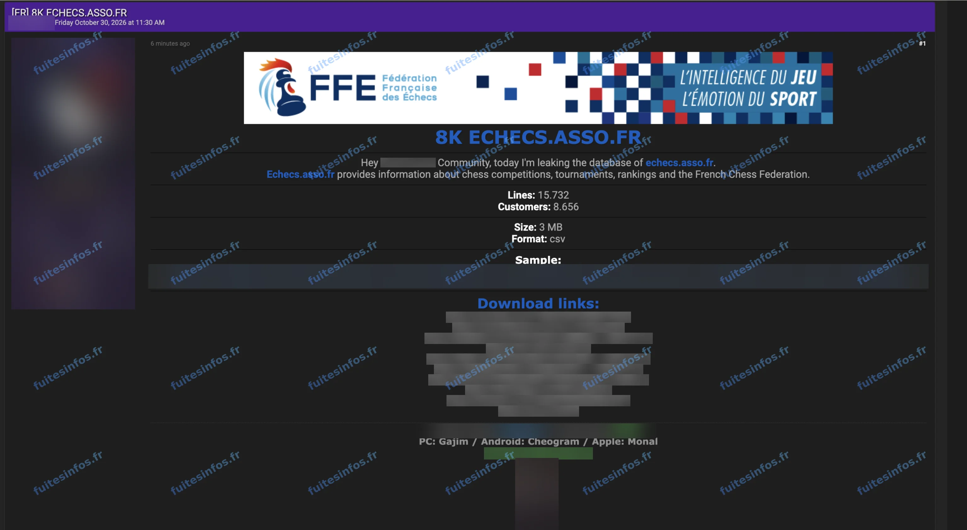 Capture filigranée et masquée de la revendication visant la Fédération française des échecs