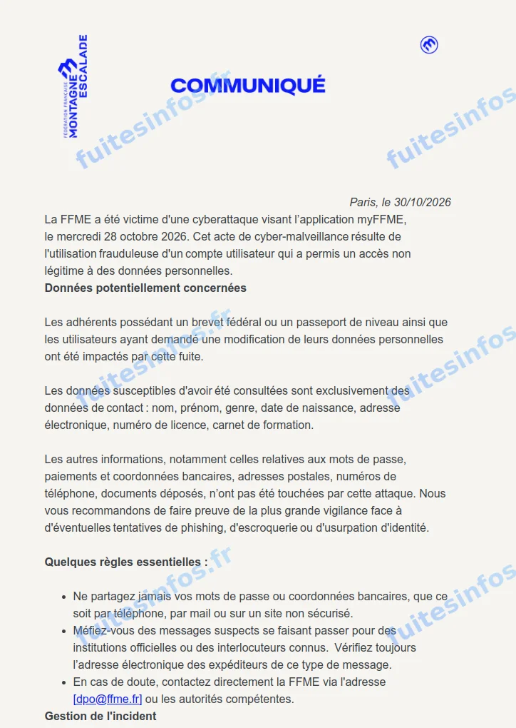 Capture du communiqué de la FFME du 30 octobre 2026 sur la cyberattaque visant myFFME