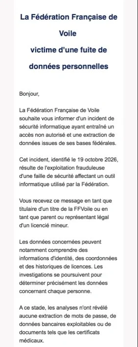 Extrait du courriel de notification de la Fédération Française de Voile annonçant une fuite de données personnelles