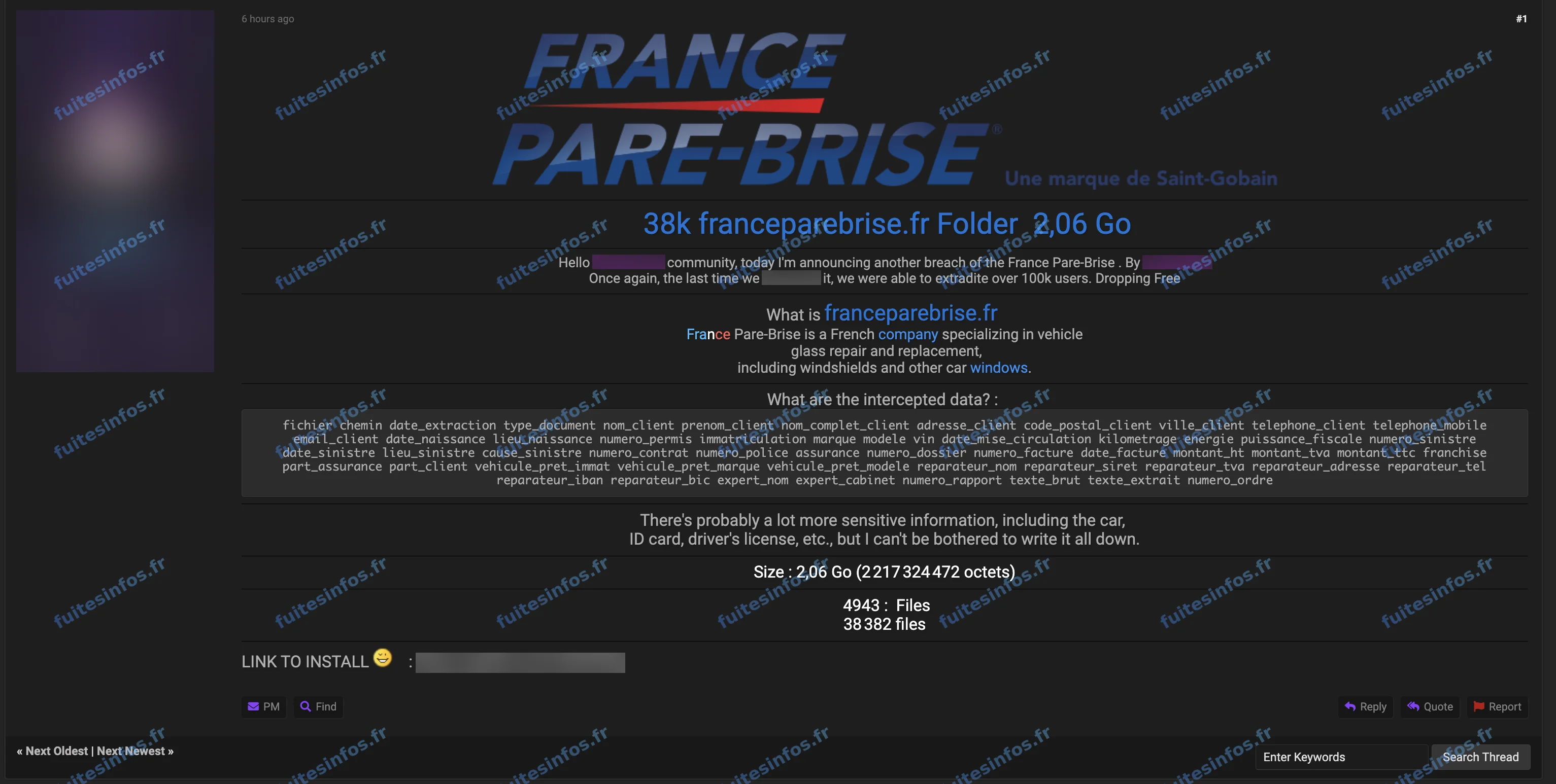 Capture filigranée et masquée de l'annonce publiée le 8 octobre 2026 sur un forum cybercriminel