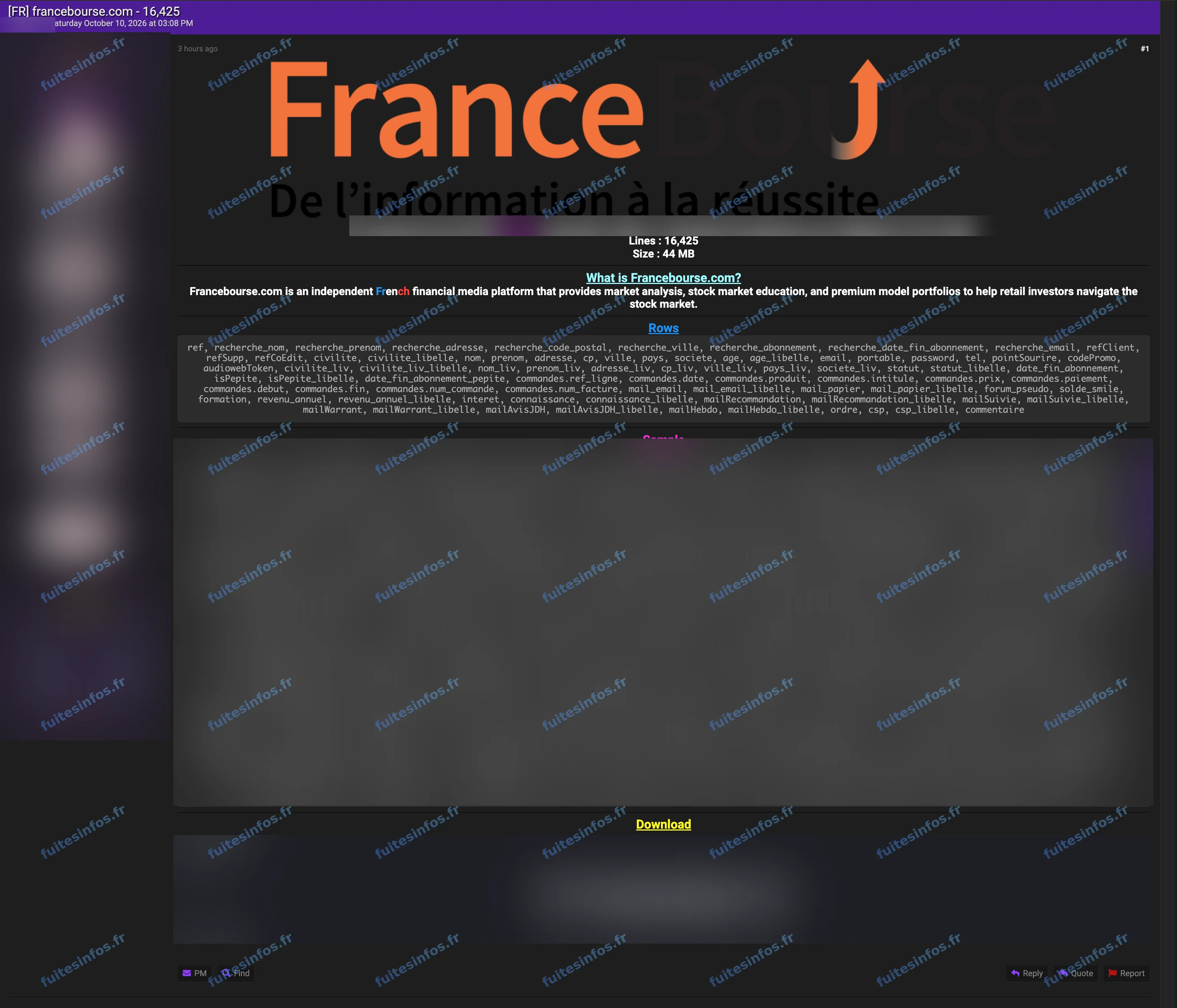 Capture filigranée et masquée de l'annonce de diffusion d'une base présentée comme celle de FranceBourse