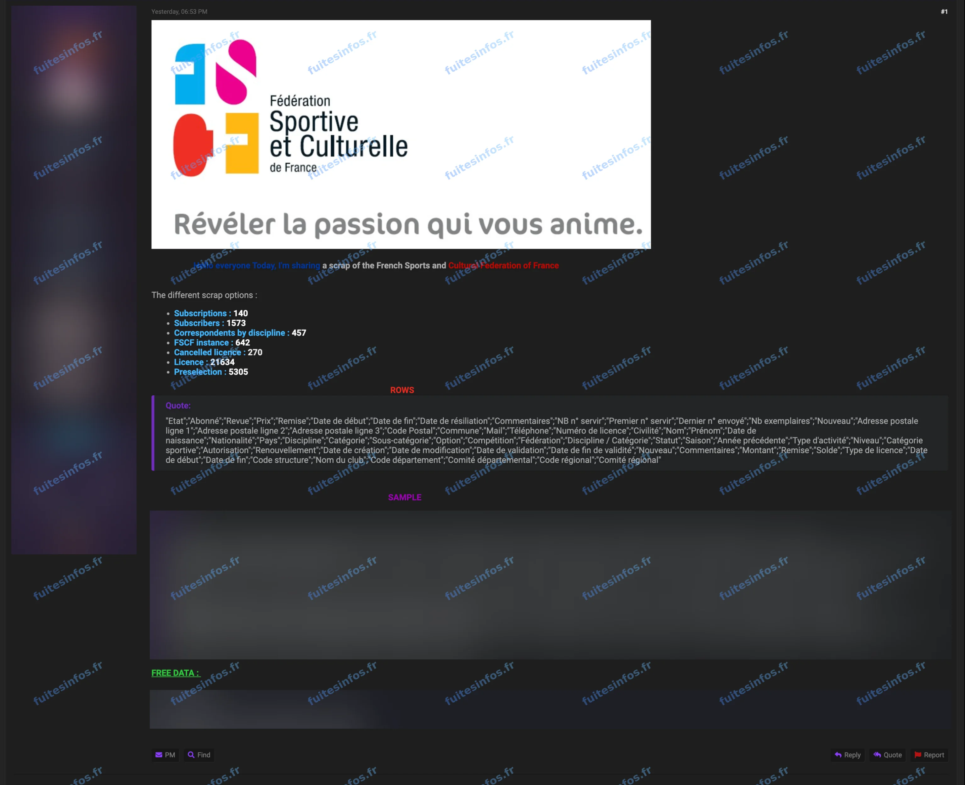 Capture filigranée et masquée de la publication des fichiers attribués à la FSCF sur un forum cybercriminel