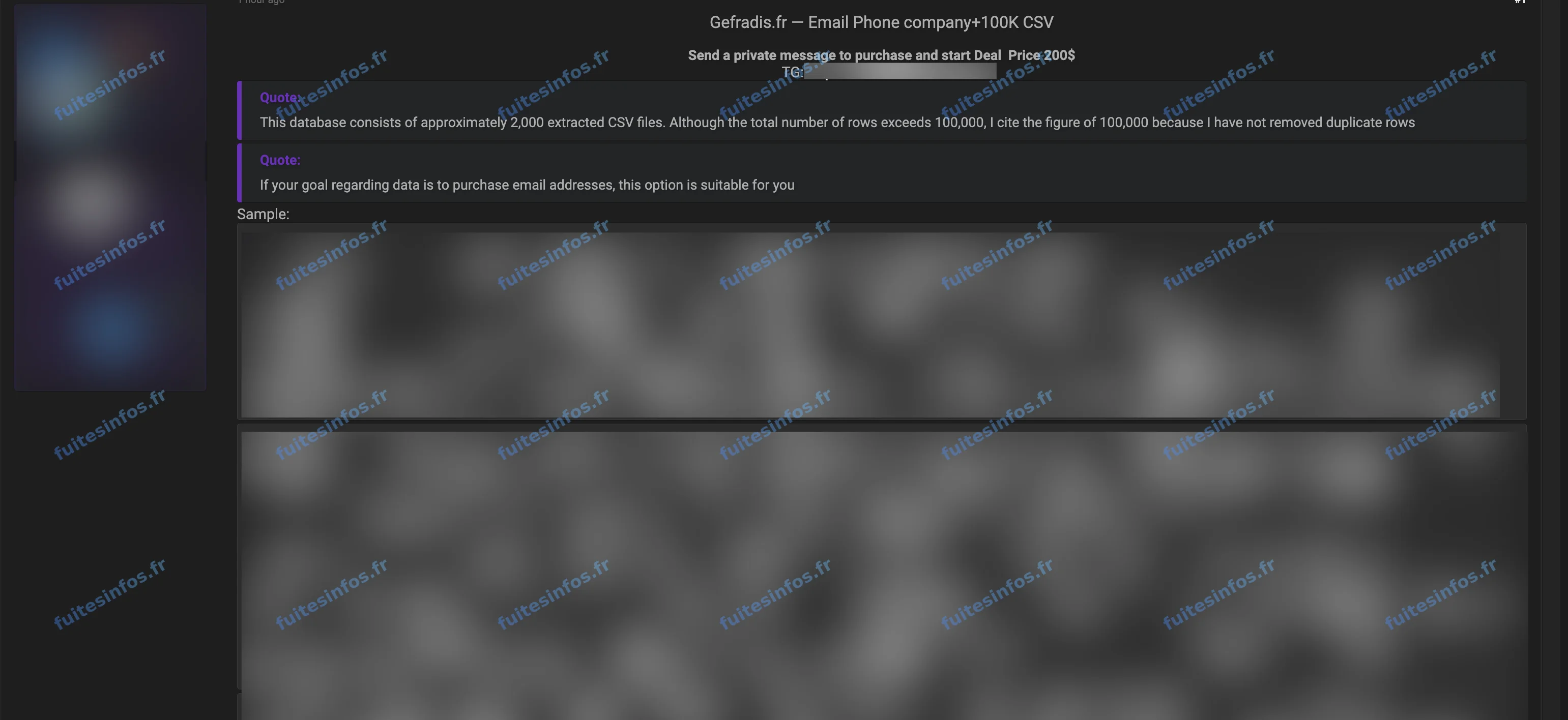 Capture filigranée et masquée de l'annonce de vente visant Gefradis sur un forum cybercriminel