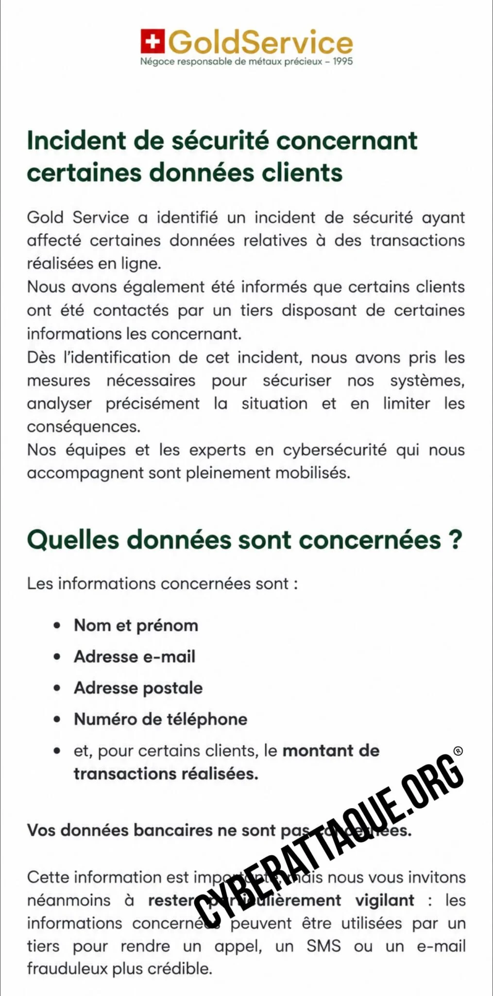 Capture du communiqué de Gold Service annonçant un incident de sécurité concernant certaines données clients