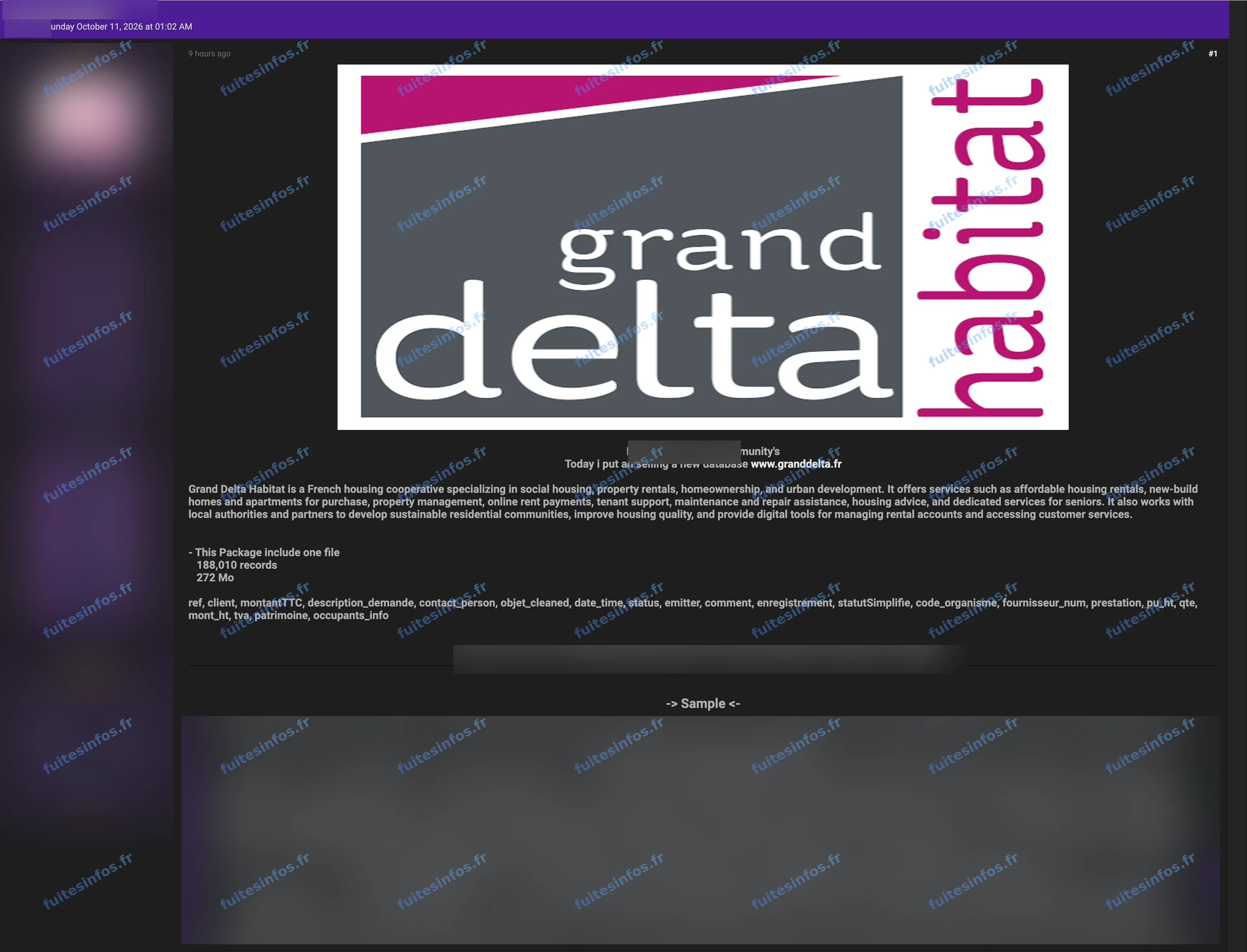 Capture filigranée et masquée de l'annonce de remise en vente d'une base présentée comme celle de Grand Delta Habitat