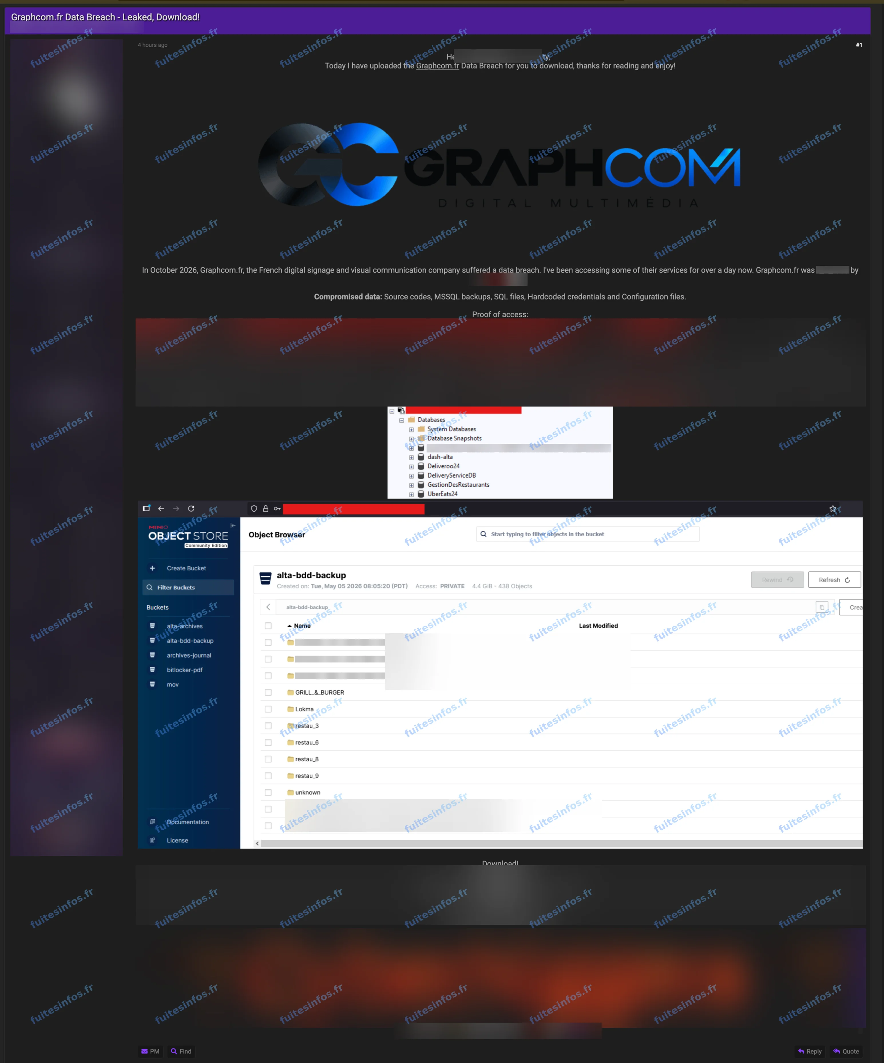 Capture filigranée et masquée de la publication visant Graphcom sur un forum cybercriminel