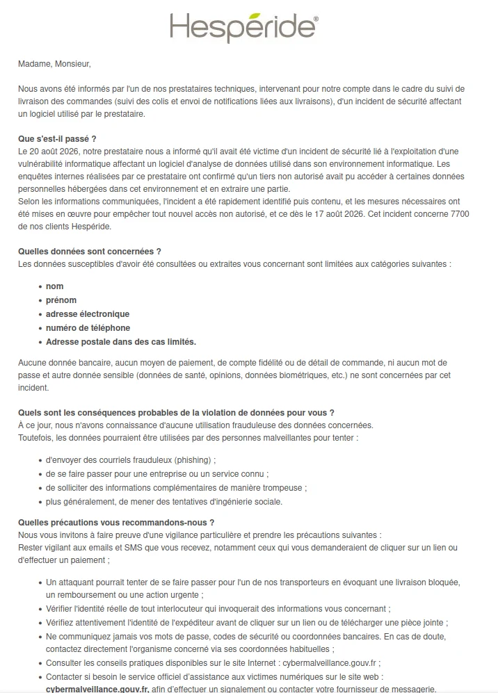 Capture du courriel de notification envoyé par Hespéride à ses clients