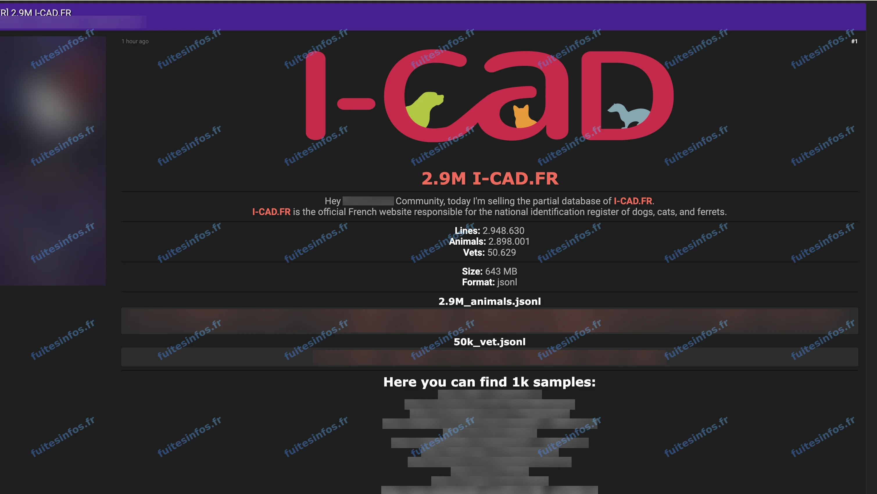 Capture filigranée et masquée de l'annonce visant le fichier national I-CAD