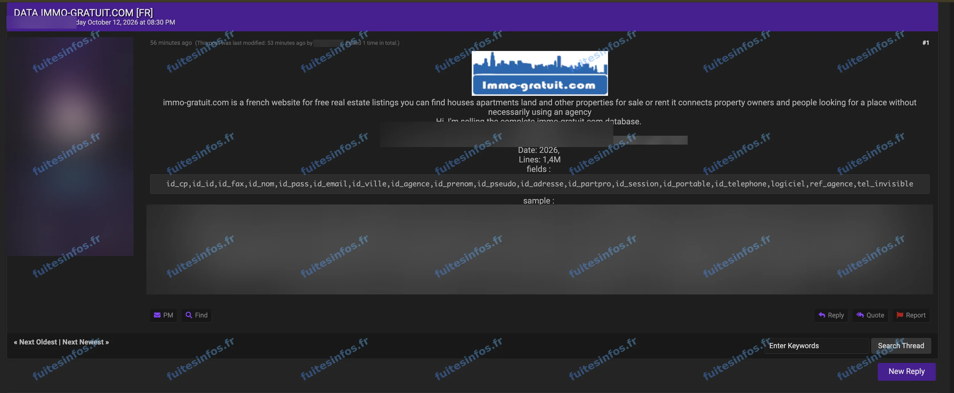 Capture filigranée et masquée de l'annonce de mise en vente de la base attribuée à Immo-gratuit.com
