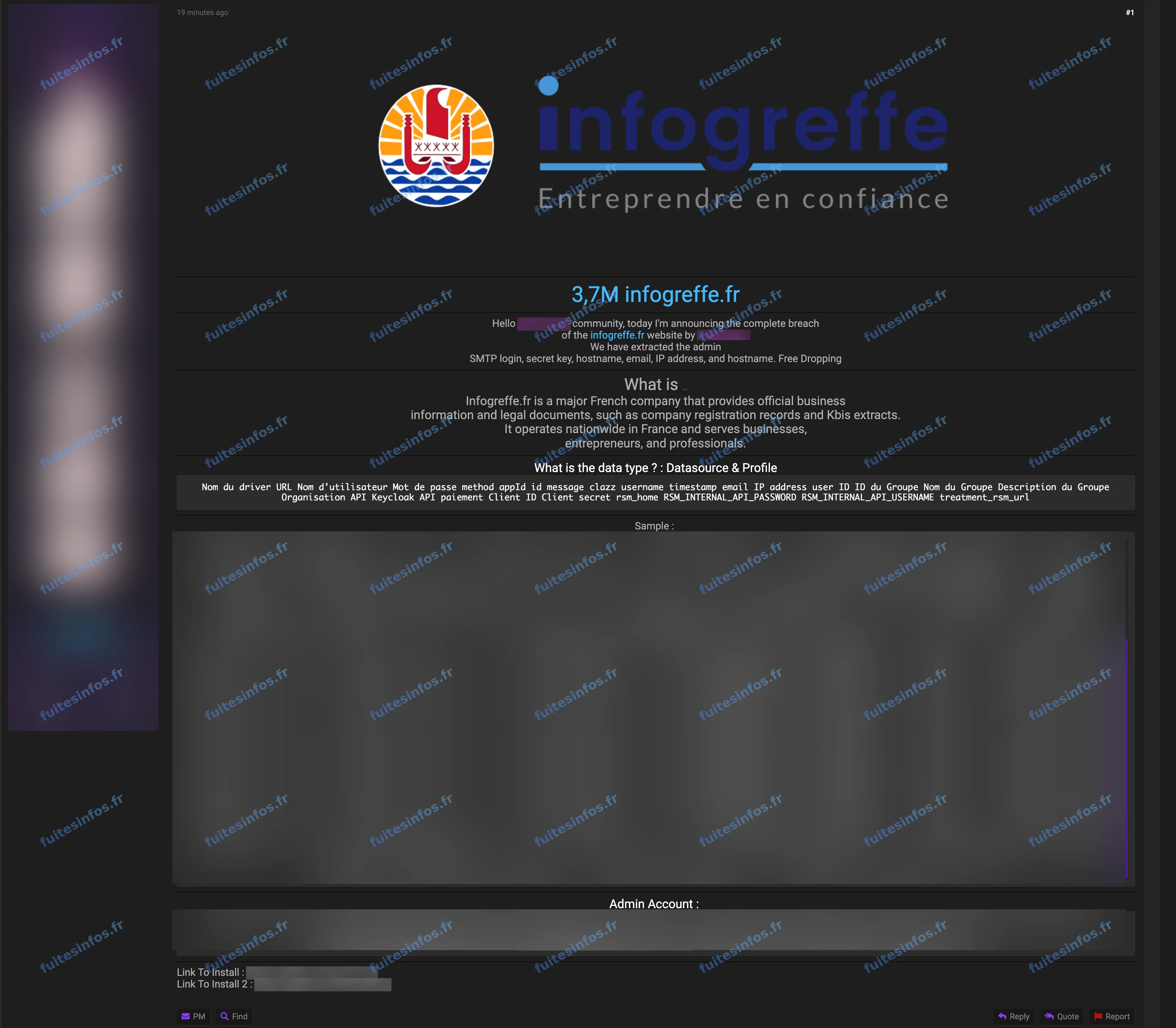 Capture filigranée et masquée de la revendication visant Infogreffe