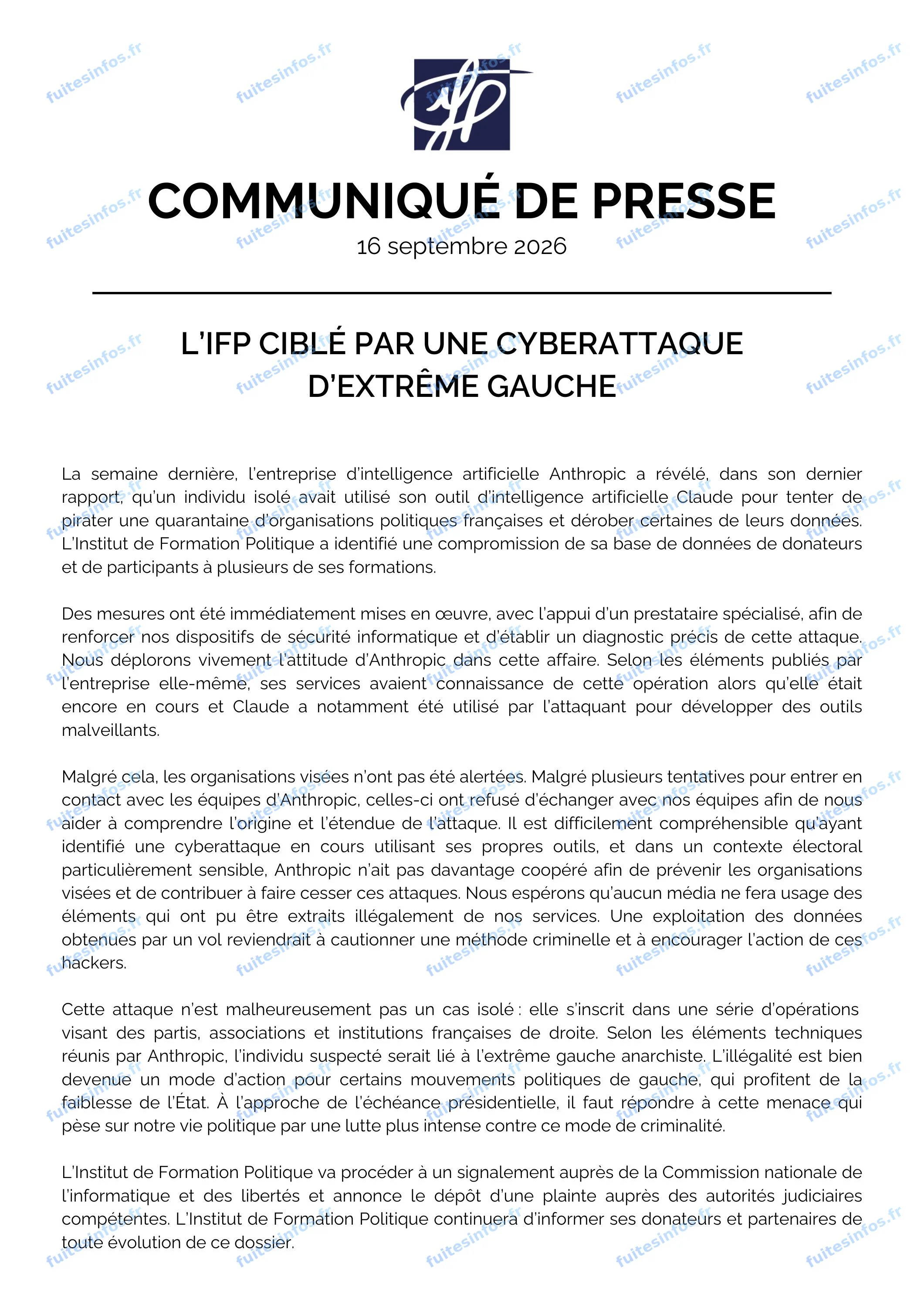 Capture du communiqué de presse de l'Institut de formation politique daté du 16 septembre 2026