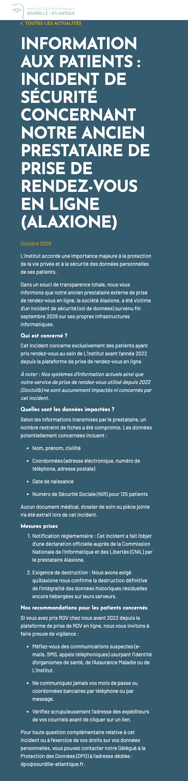 Capture de l'avis de l'Institut ophtalmologique Sourdille-Atlantique à ses patients