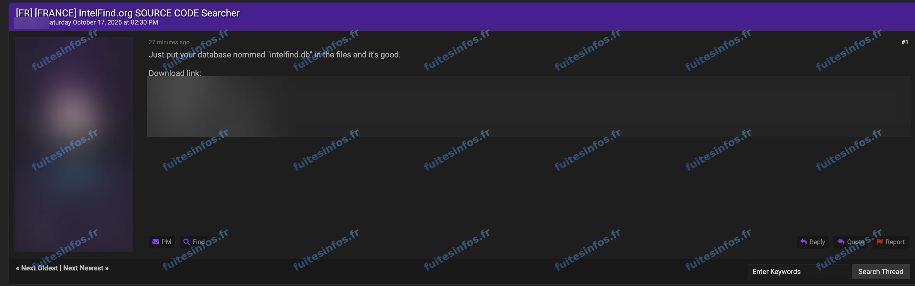 Capture filigranée et masquée de la publication du code source d'IntelFind sur un forum cybercriminel