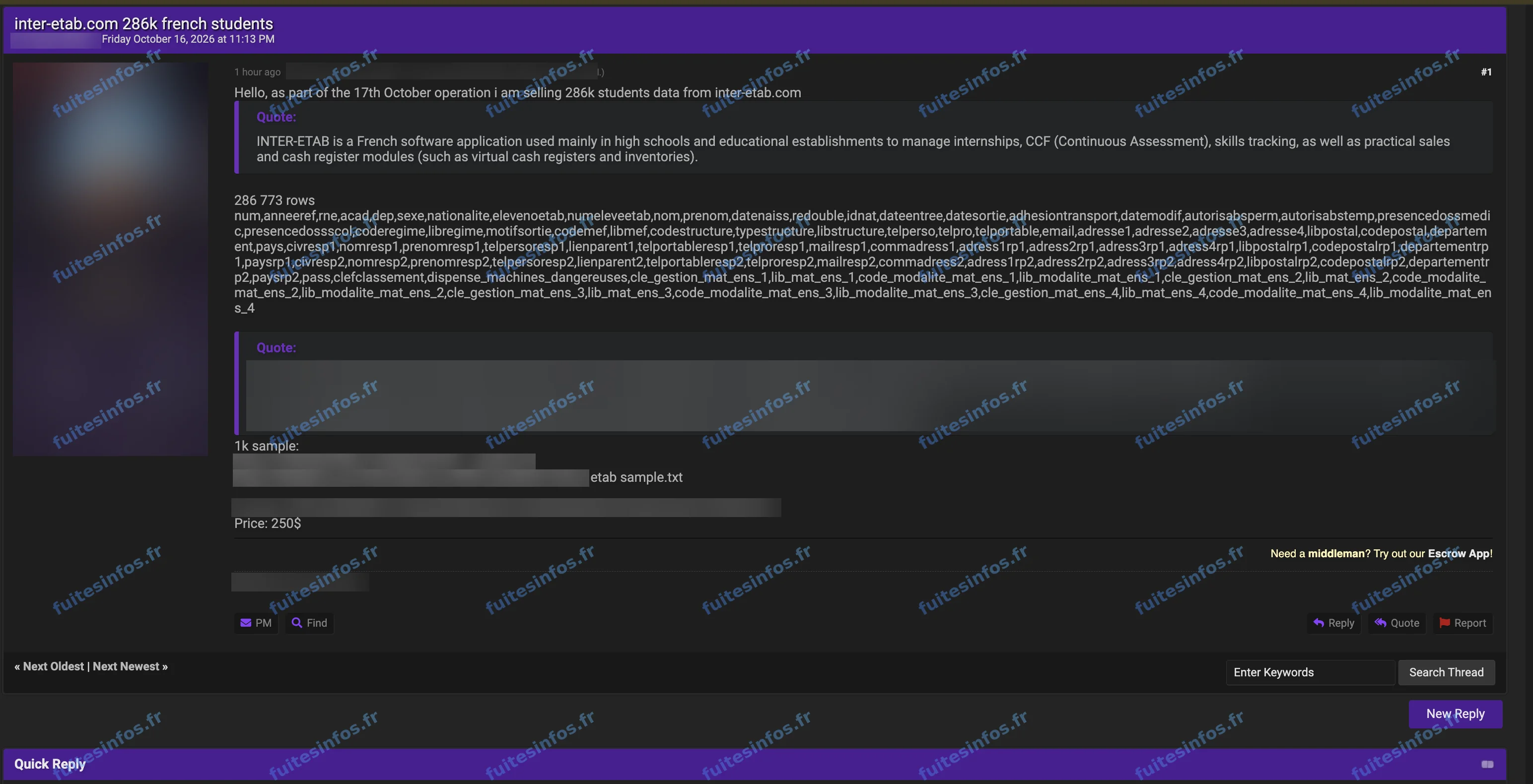 Capture filigranée et masquée de l'annonce de vente du fichier attribué à INTER-ETAB