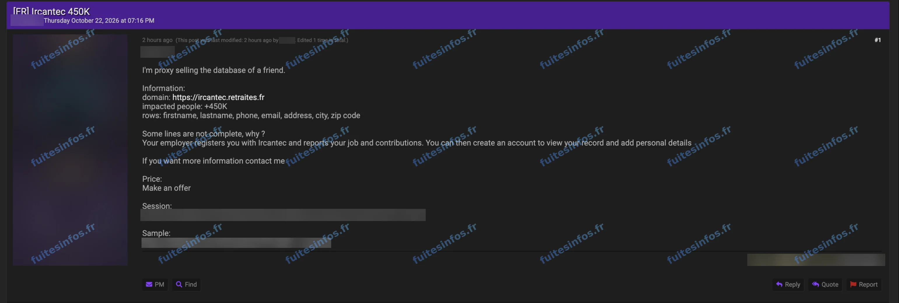 Capture filigranée et masquée de la mise en vente visant l'Ircantec sur un forum cybercriminel